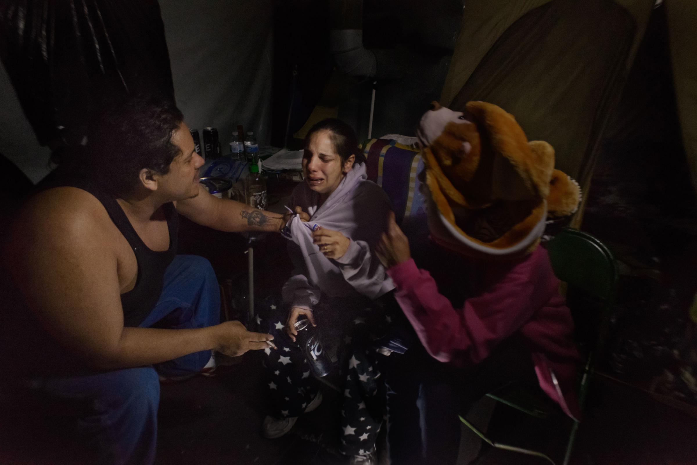 16  March  2014 - Tent City, Lakewood, New Jersey - Andrew is upset his pregenat fiance' Samantha is talking about her ex-husband and her 5 children who had been taken away by social services. Eve takes Andrew's side, believing it is disrectful to her man to talk about past relationships. .