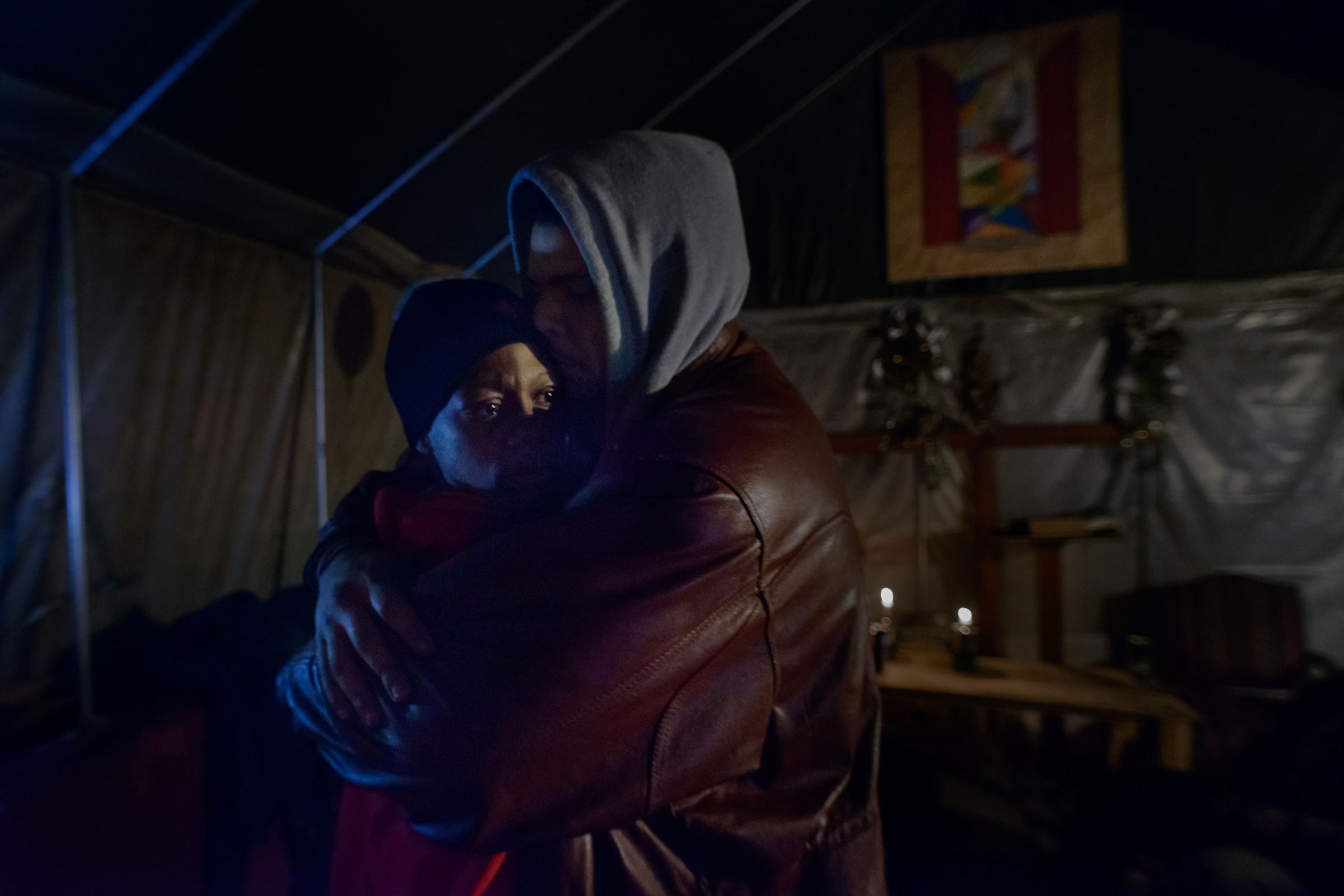 14  March  2014 - Tent City, Lakewood, New Jersey - Inside Tent City's chapel, Chris consoles his wife Eve after an argument.