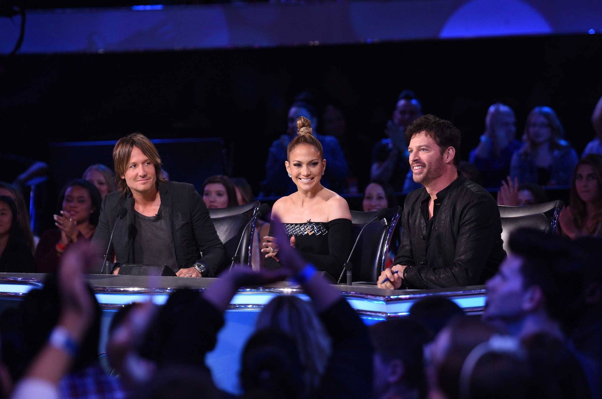 Keith Urban, Jennifer Lopez and Harry Connick, Jr, on American Idol XIV airing Wednesday, April 8, 2015.