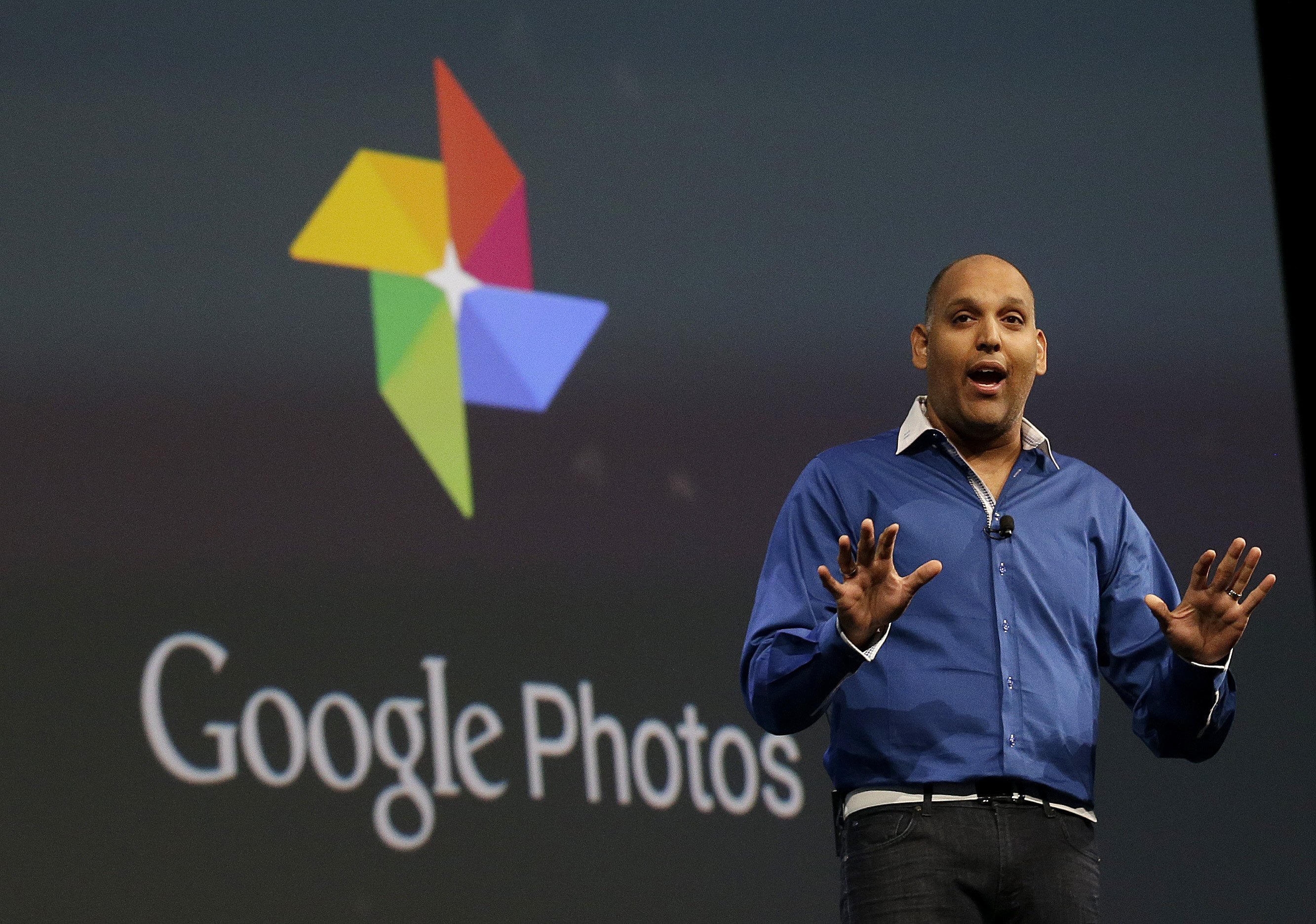 Anil Sabharwal, director of Google Photos, speaks during the Google I/O 2015 keynote presentation in San Francisco, Thursday, May 28, 2015. (Jeff Chiu&mdash;AP)