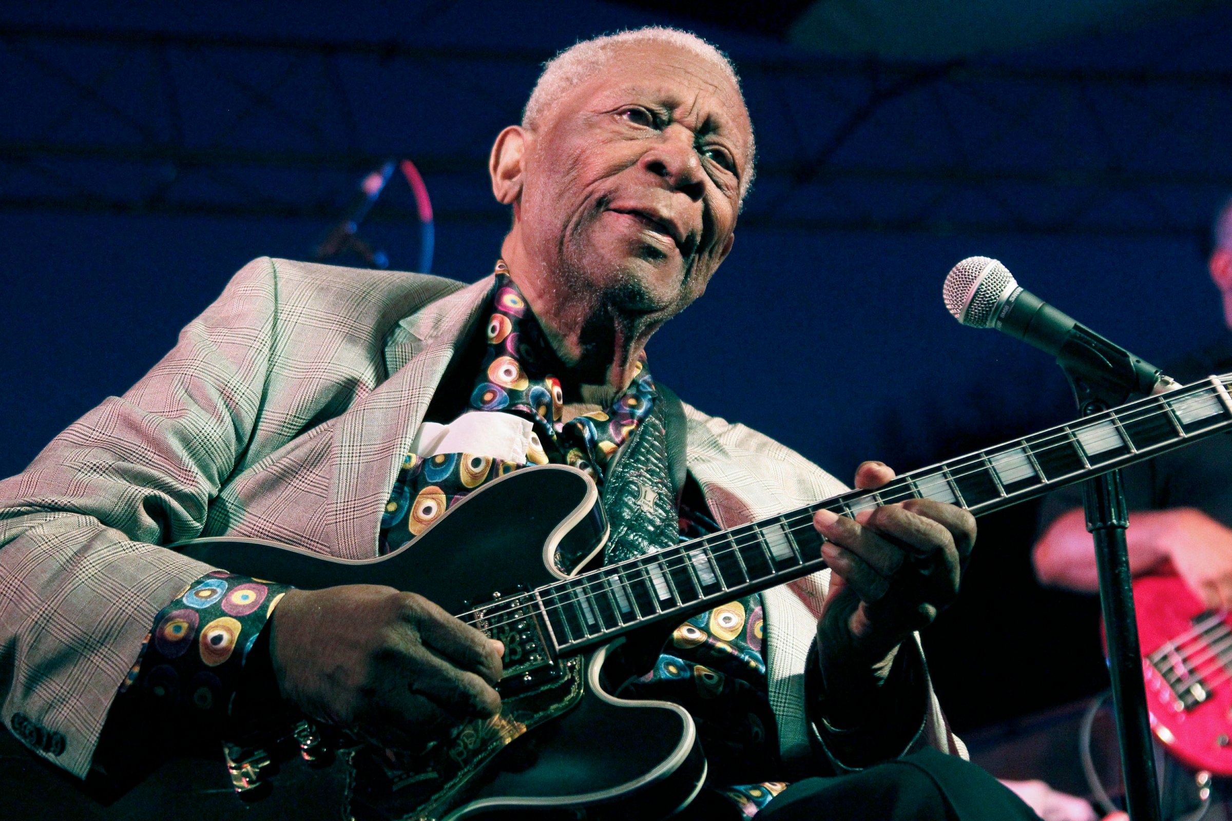 In this file photo taken Aug. 22, 2012, B.B. King performs at the 32nd annual B.B. King Homecoming, a concert on the grounds of an old cotton gin where he worked as a teenager in Indianola, Miss.