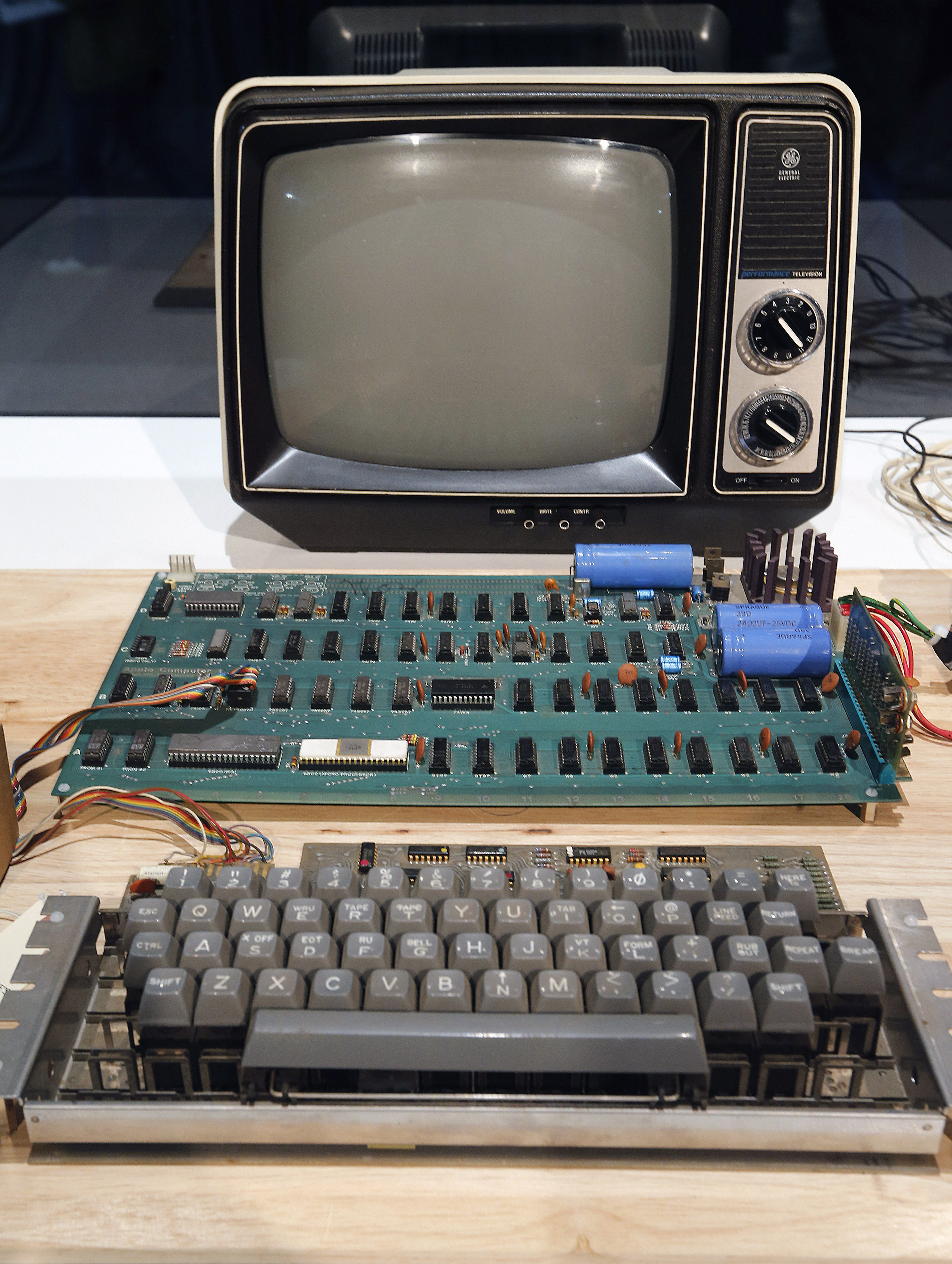 An original Apple computer, now known as the Apple-1, which was designed and hand-built in 1976 by Apple co-founder Steve Wozniak is shown at a press preview at the Computer History Museum in Mountain View, Calif., on June 24, 2013. (Tony Avelar—EPA)