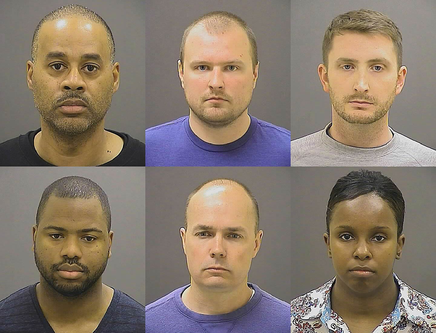 From top left left: Caesar R. Goodson Jr., Garrett E. Miller and Edward M. Nero, and bottom row from left: William G. Porter, Brian W. Rice and Alicia D. White, the six police officers charged with felonies ranging from assault to murder in the death of Freddie Gray. (Baltimore Police Department/AP)