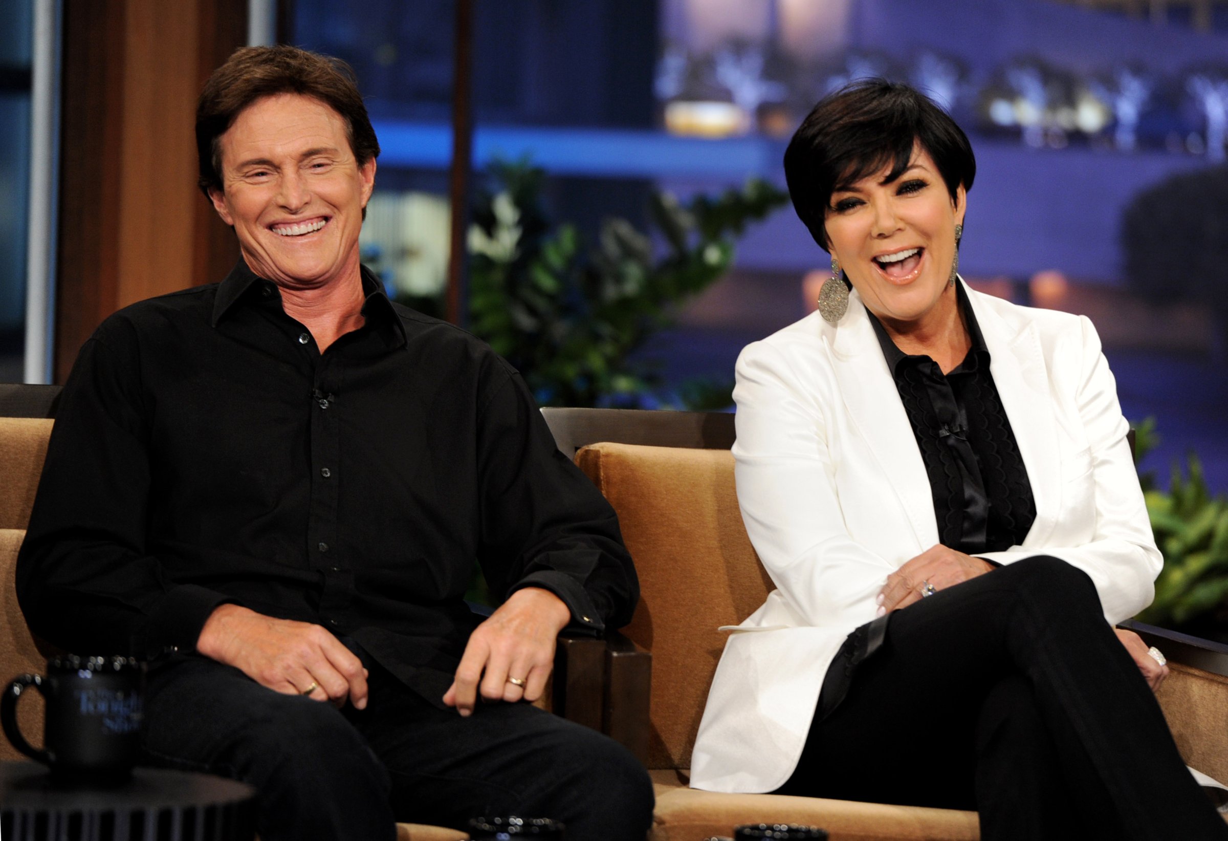 Television personalities Bruce Jenner (L) and his wife Kris Jenner appear on The Tonight Show with Jay Leno at the NBC Studios on June 10, 2011 in Burbank, Calif.