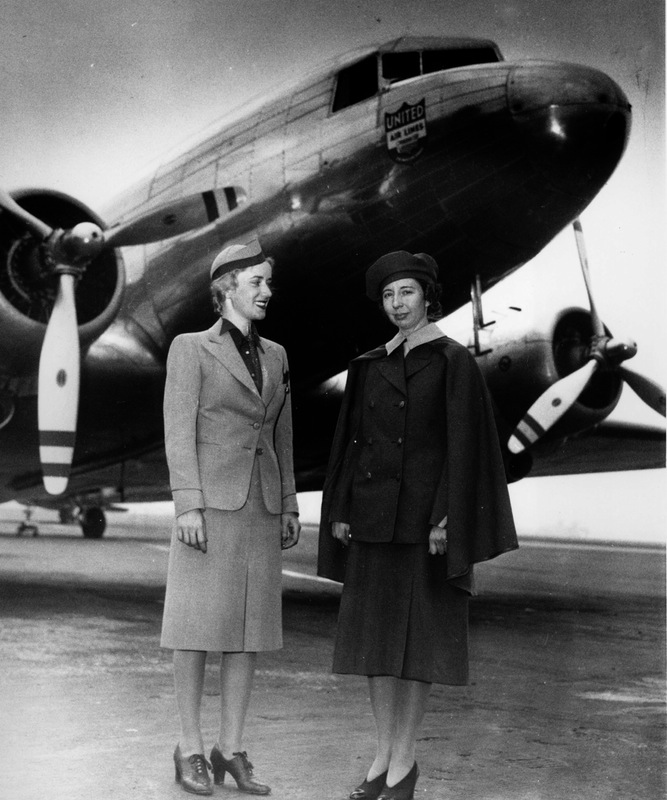 Ellen Church and Virginia Schroeder, another flight attendant, pose in front of a modern 12-ton United Mainliner on May 14, 1940. (AP Photo)