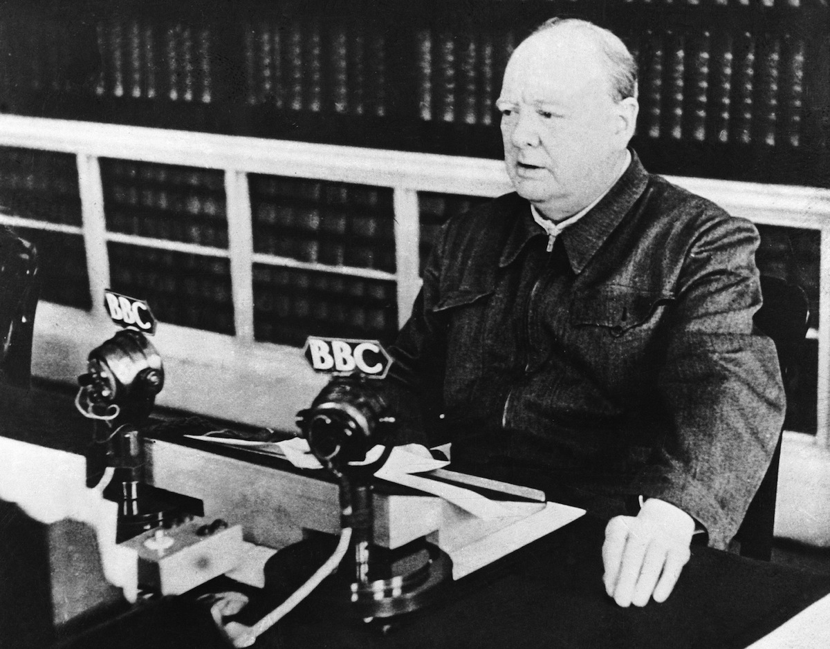 British Prime Minister Winston Churchill gives the speech on the BBC that he just delivered at the House of Commons : "I have nothing to offer but blood, toil, tears and sweat..." (Gamma-Keystone / Getty Images)