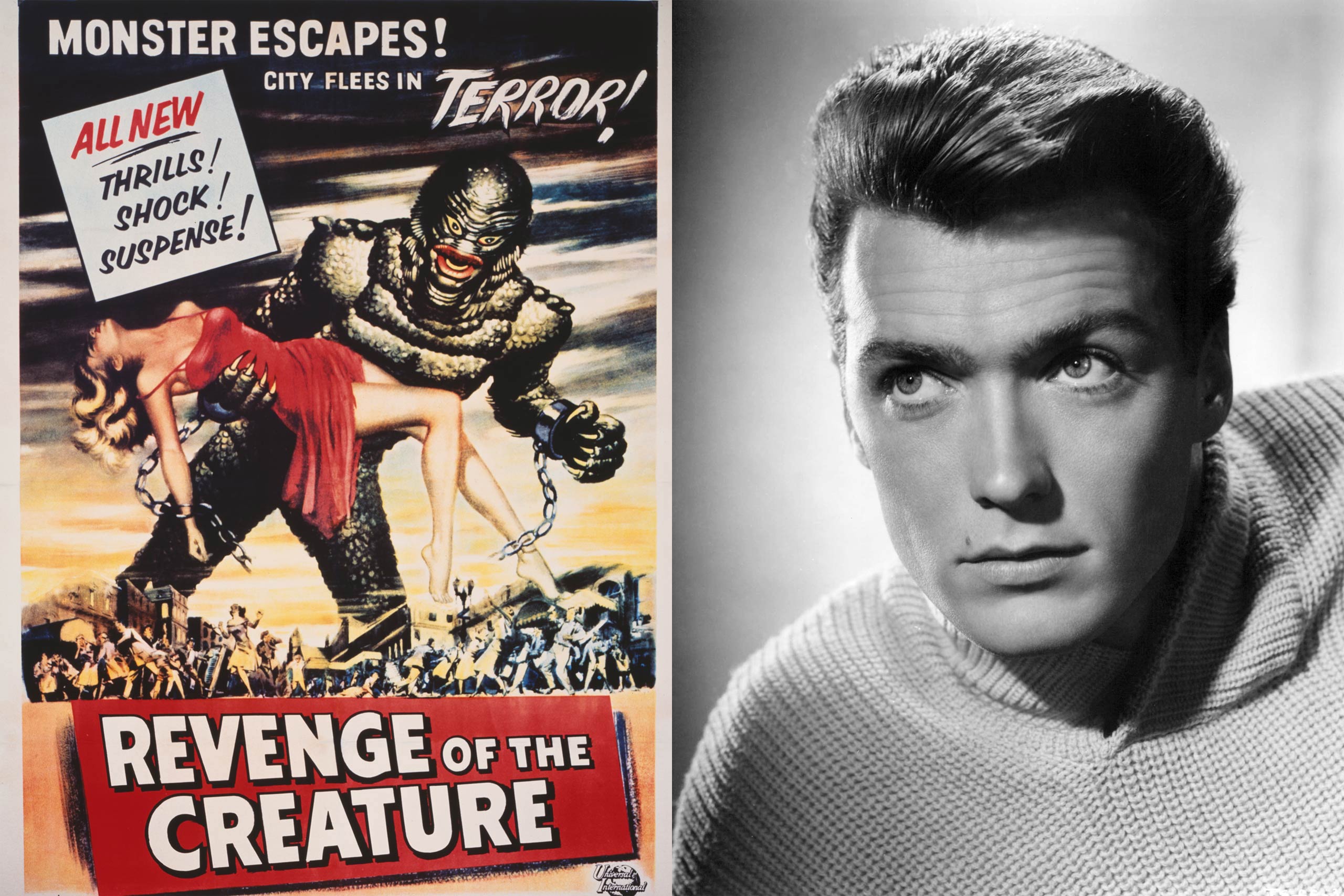 Revenge of the Creature, 1955  Doc, could you come here a minute?  was Eastwood's first line in his only scene in Jack Arnold's sequel to the B-minus horror hit Creature from the Black Lagoon, as a lab assistant to star John Agar. A 23-year-old signed by Universal, Eastwood got nowhere playing bit parts: a jet pilot ordering a napalm drop on a giant spider in Arnold's Tarantula, a sailor buddy of Donald O'Connor and his talking mule in Francis in the Navy. None brought him acclaim, or even notice, until much later. On a 1997 episode of Mystery Science Theater 3000, Crow T. Robot watches Clint's Revenge of the Creature performance and opines,  This guy's bad. This is his first and last movie.