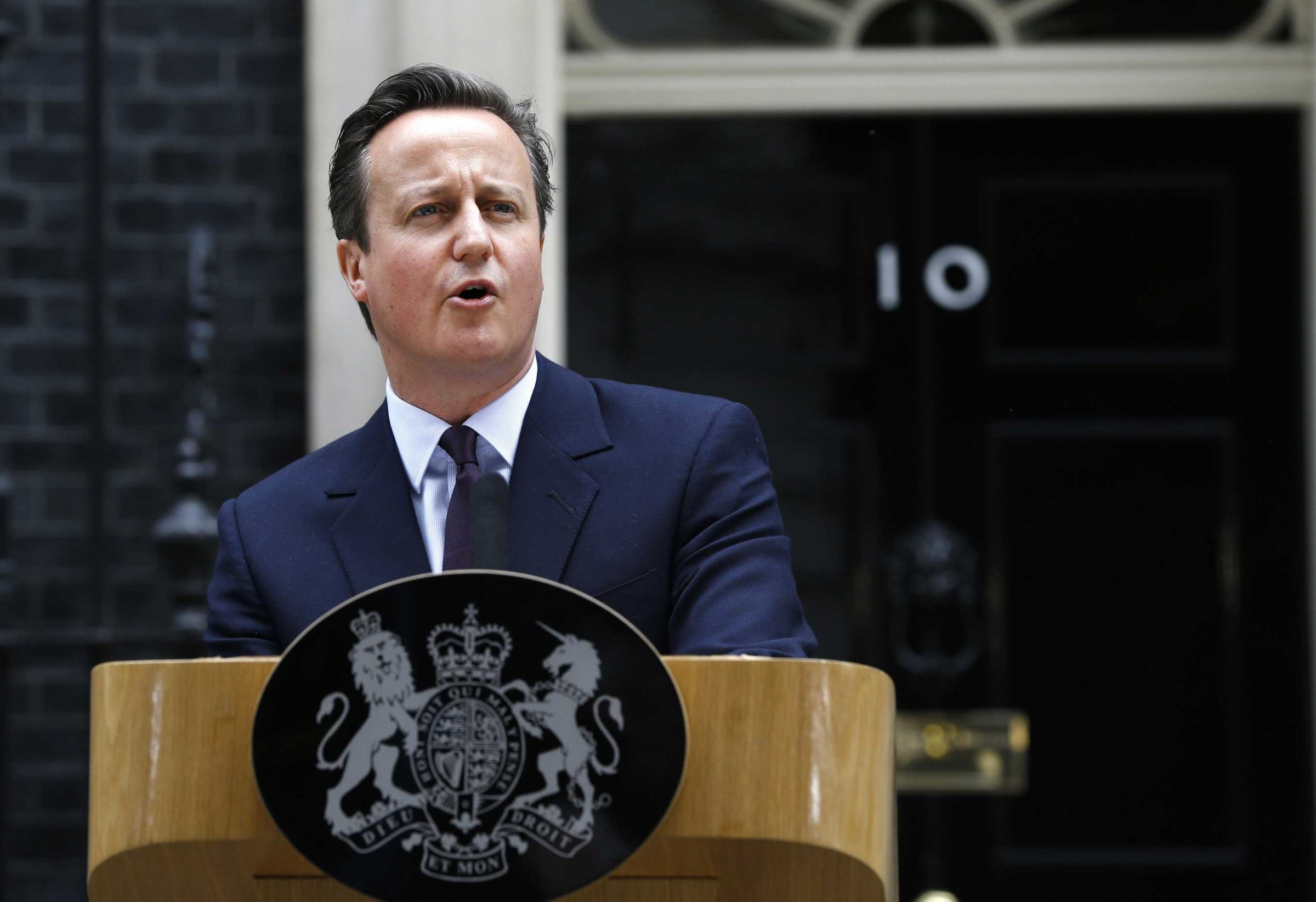 Britain's Prime Minister David Cameron speaks to the media at 10 Downing Street in London on May 8, 2015.