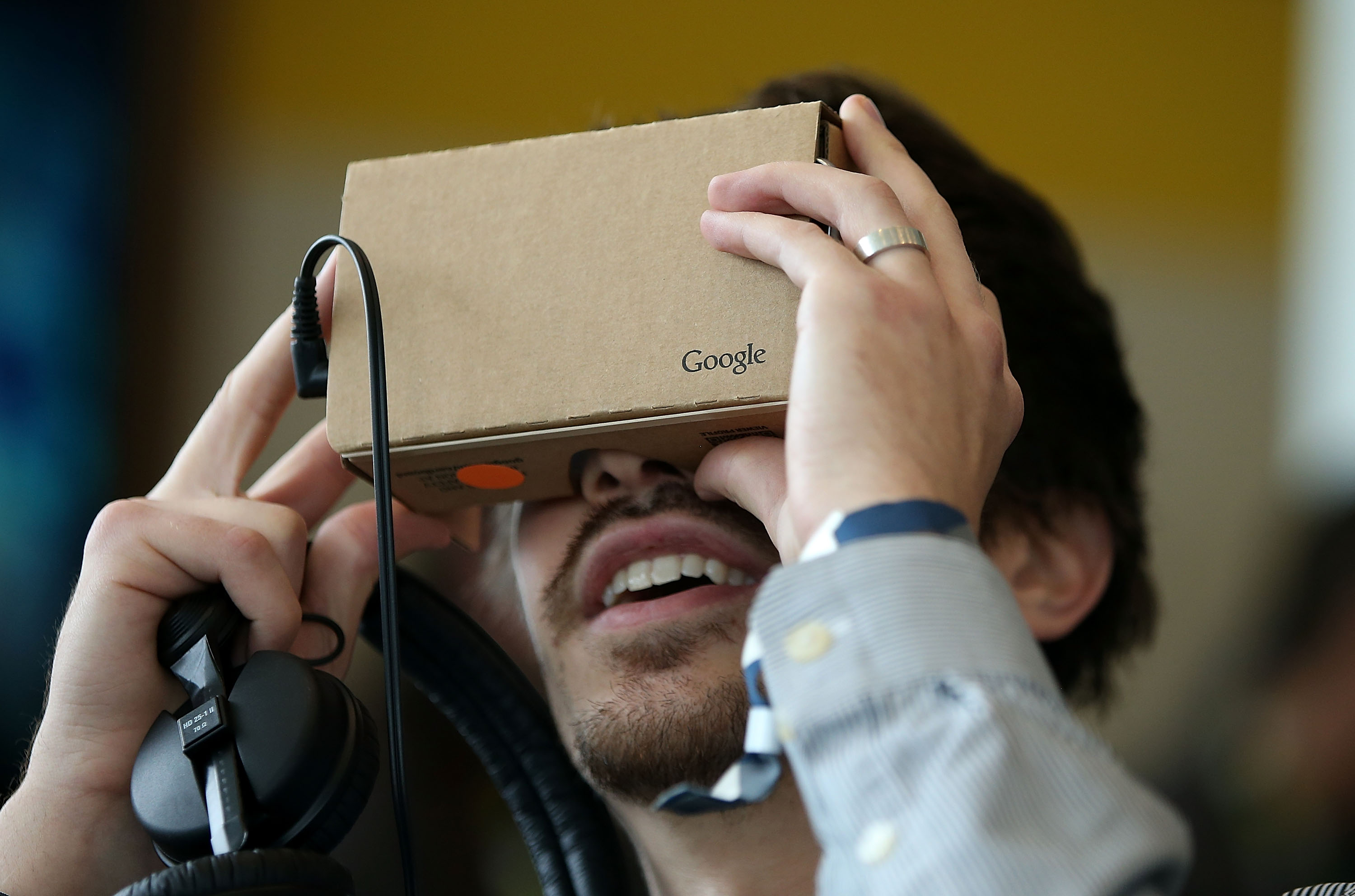 An attendee inspects Google Cardboard during the 2015 Google I/O conference on May 28, 2015 in San Francisco, Calif. (Justin Sullivan—Getty Images)