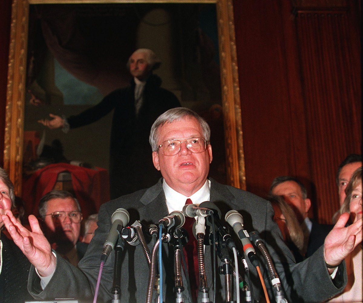 Representative Dennis Hastert (C), R-IL, speaks to the media after receiving the nomination for Speaker of the House of Representatives on Capitol Hill in Washington, DC, in January of 1999 (Stephen Jaffe—AFP/Getty Images)