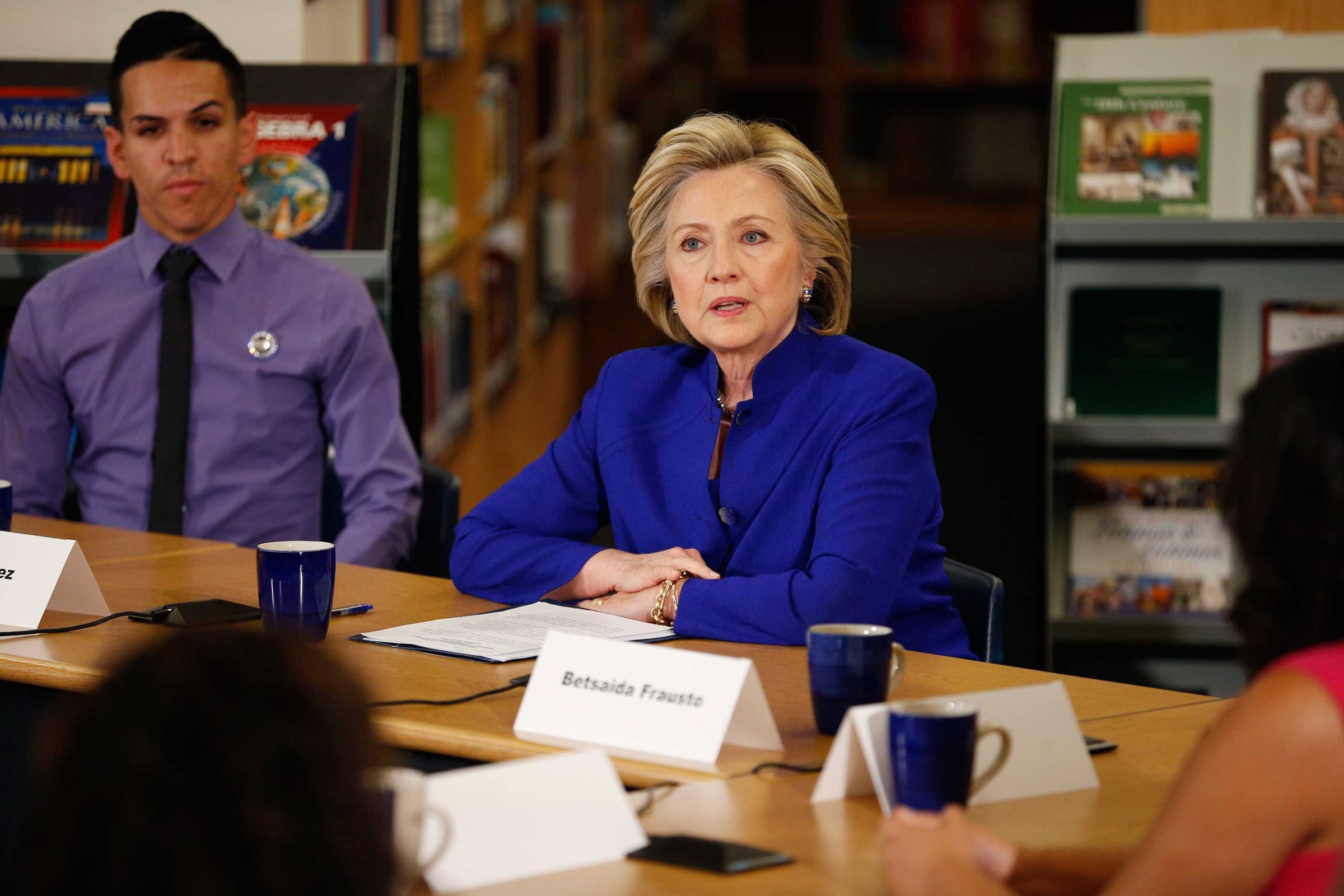 Hillary Rodham Clinton speaks with a group at an event at Rancho High School in Las Vegas on May 5, 2015.