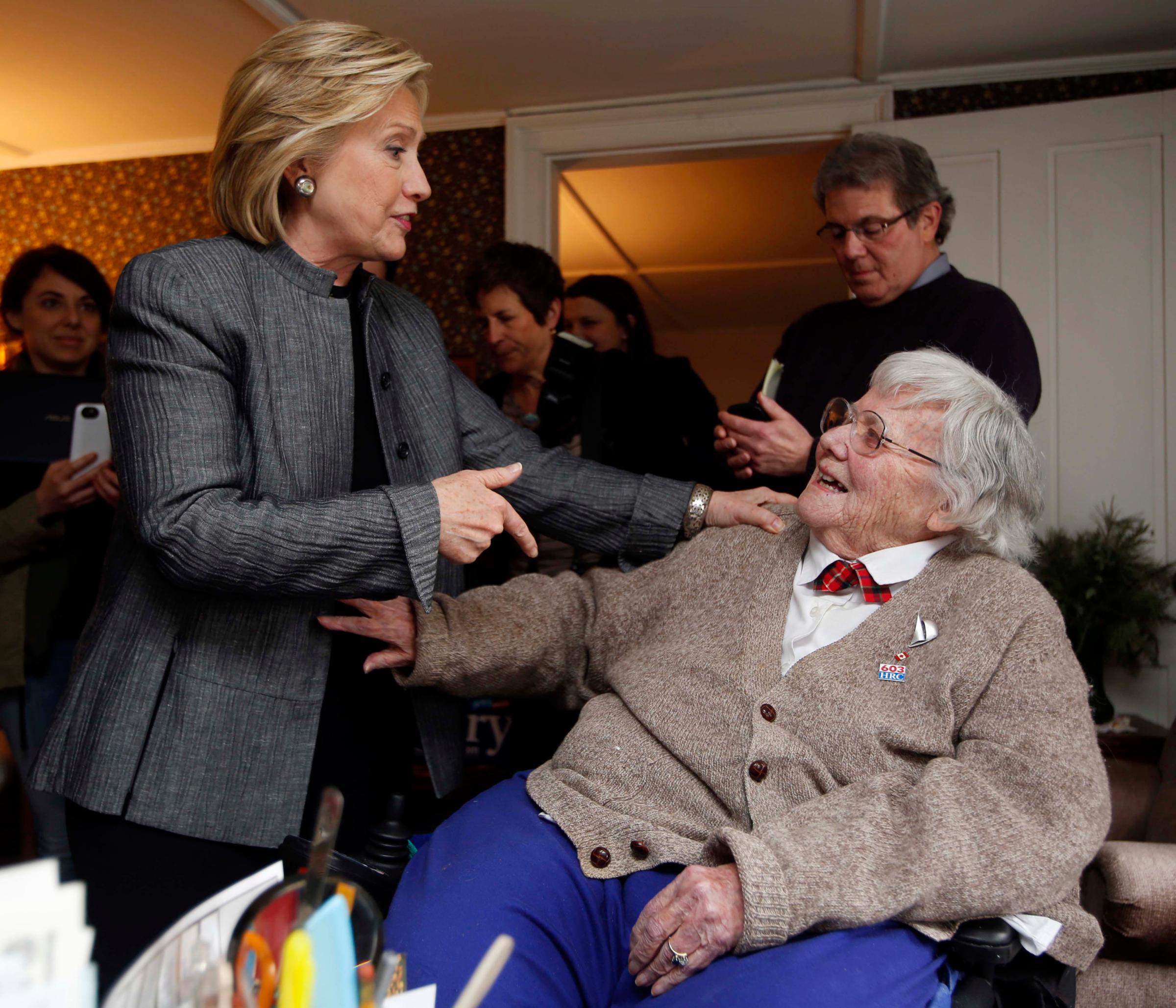 Democratic presidential candidate Hillary Rodham Clinton speaks with long time friend and political adviser Mary Louise Hancock on April 21, 2015, in Concord, N.H.