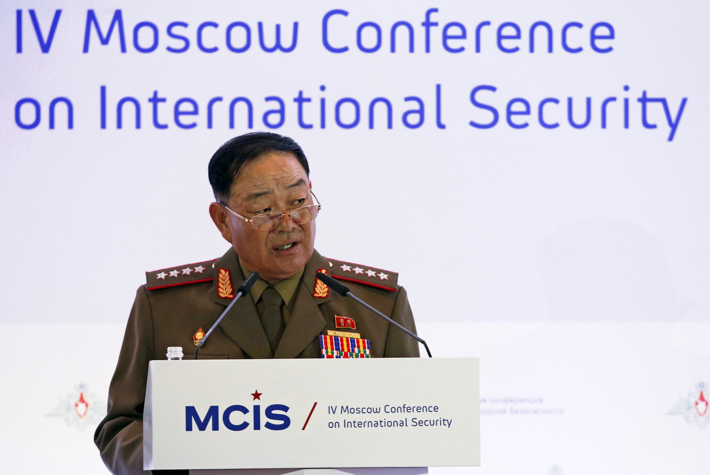 Senior North Korean military officer Hyon Yong Chol delivers a speech during the 4th Moscow Conference on International Security (MCIS) in Moscow April 16, 2015.