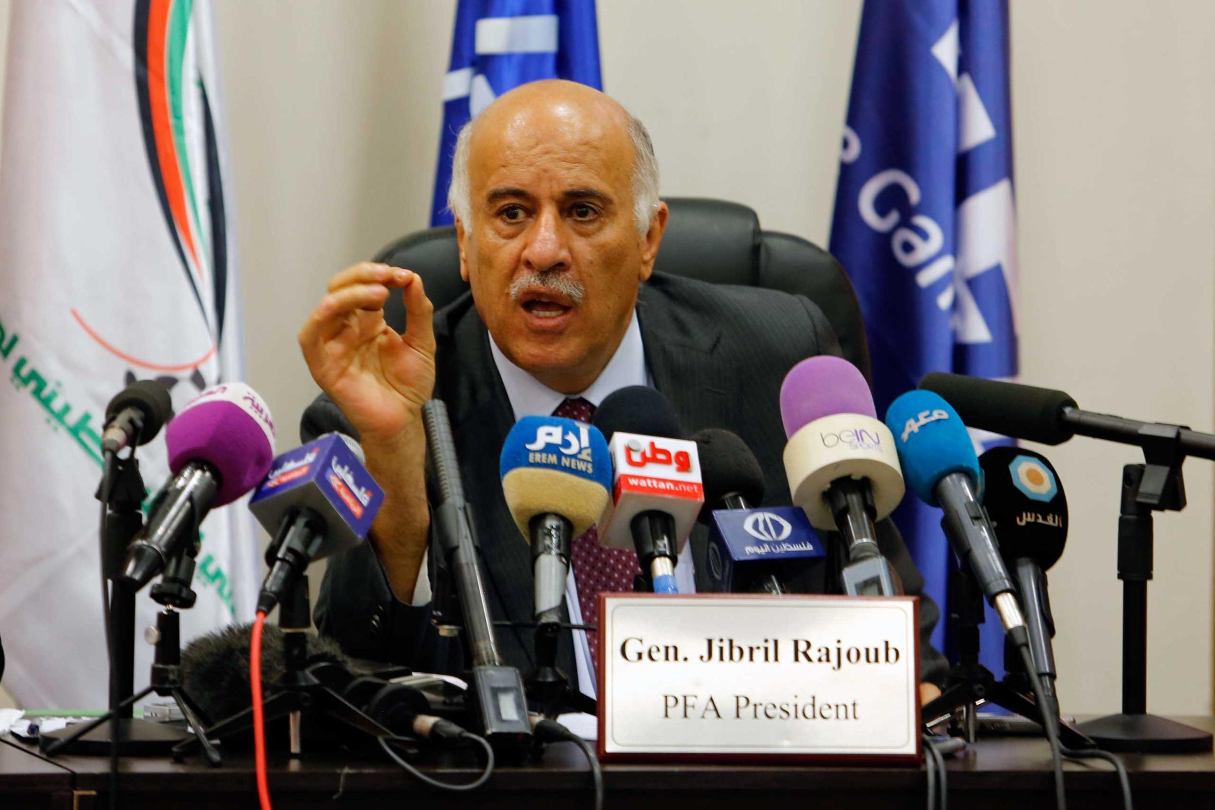 Head of Palestinian football Association Jibril Rajoub speaks during a press conference in Ramallah in the West Bank on May 25, 2015.