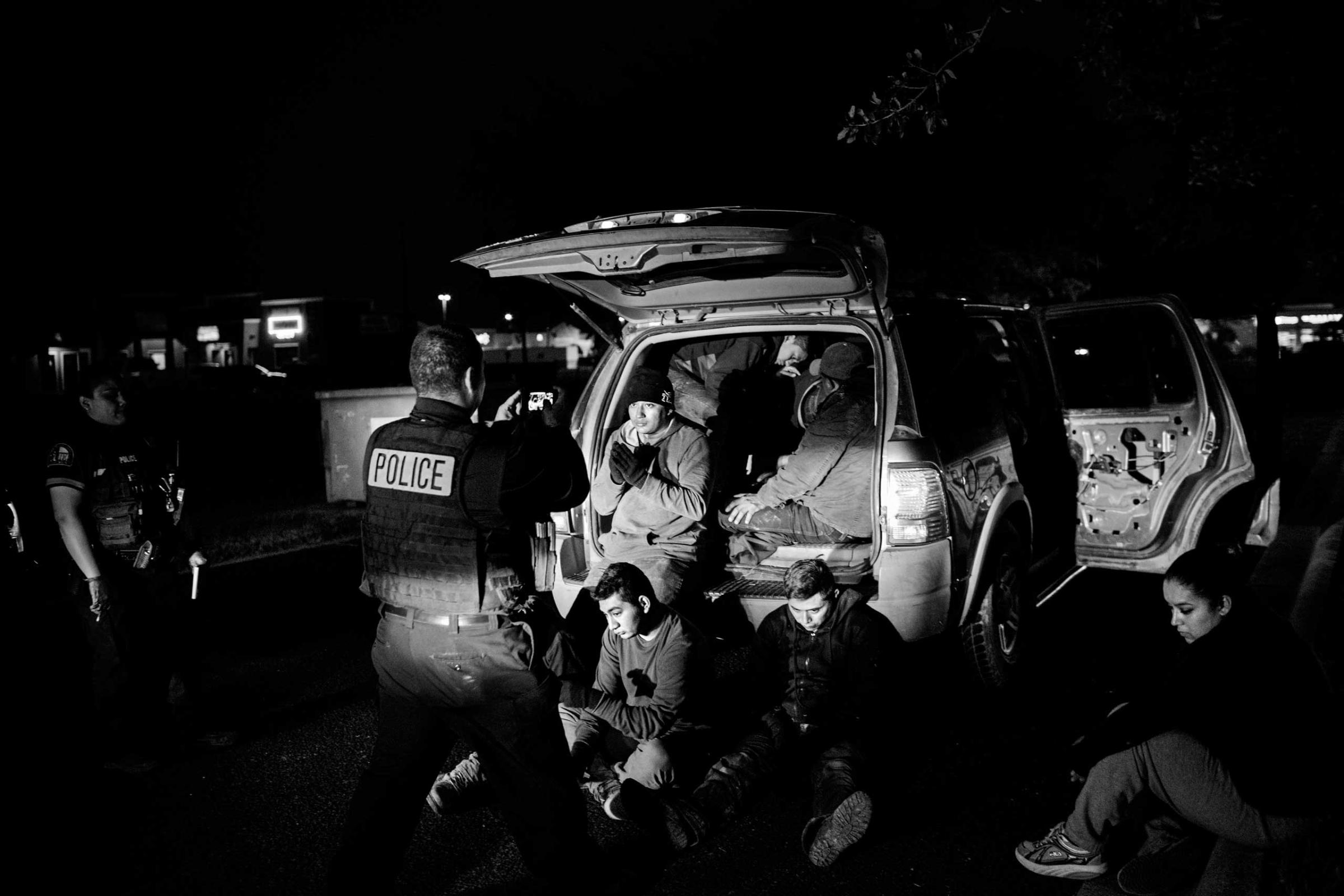 A vehicle transporting 12 undocumented migrants is pulled over in La Joya near MCallen, Texas on the US-Mexico border. Photo by Katie Orlinsky.