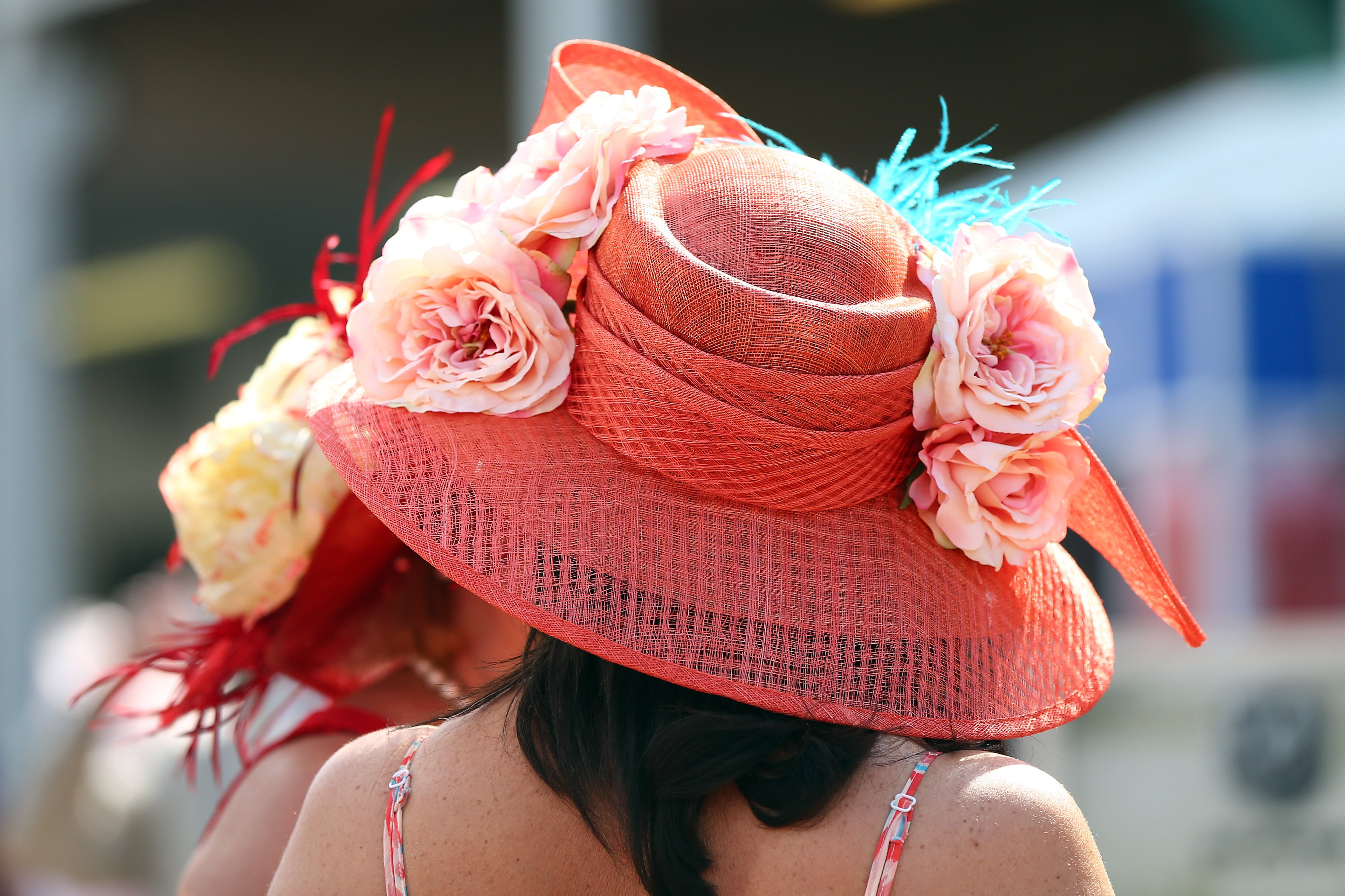 Woman with a hat during the 141st running of the Kentucky Oaks horse race at Churchill Downs on May 2, 2015, in Louisville, Ky.