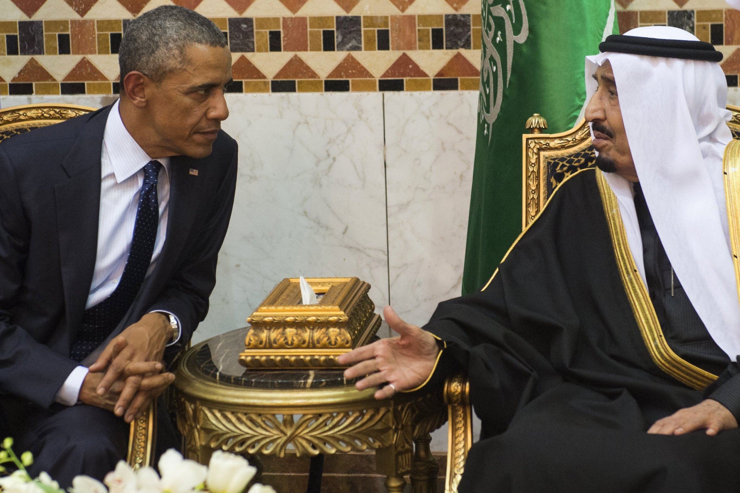 Saudi King Salman meets with President Barack Obama at the Erga Palace in the capital Riyadh on January 27, 2015.