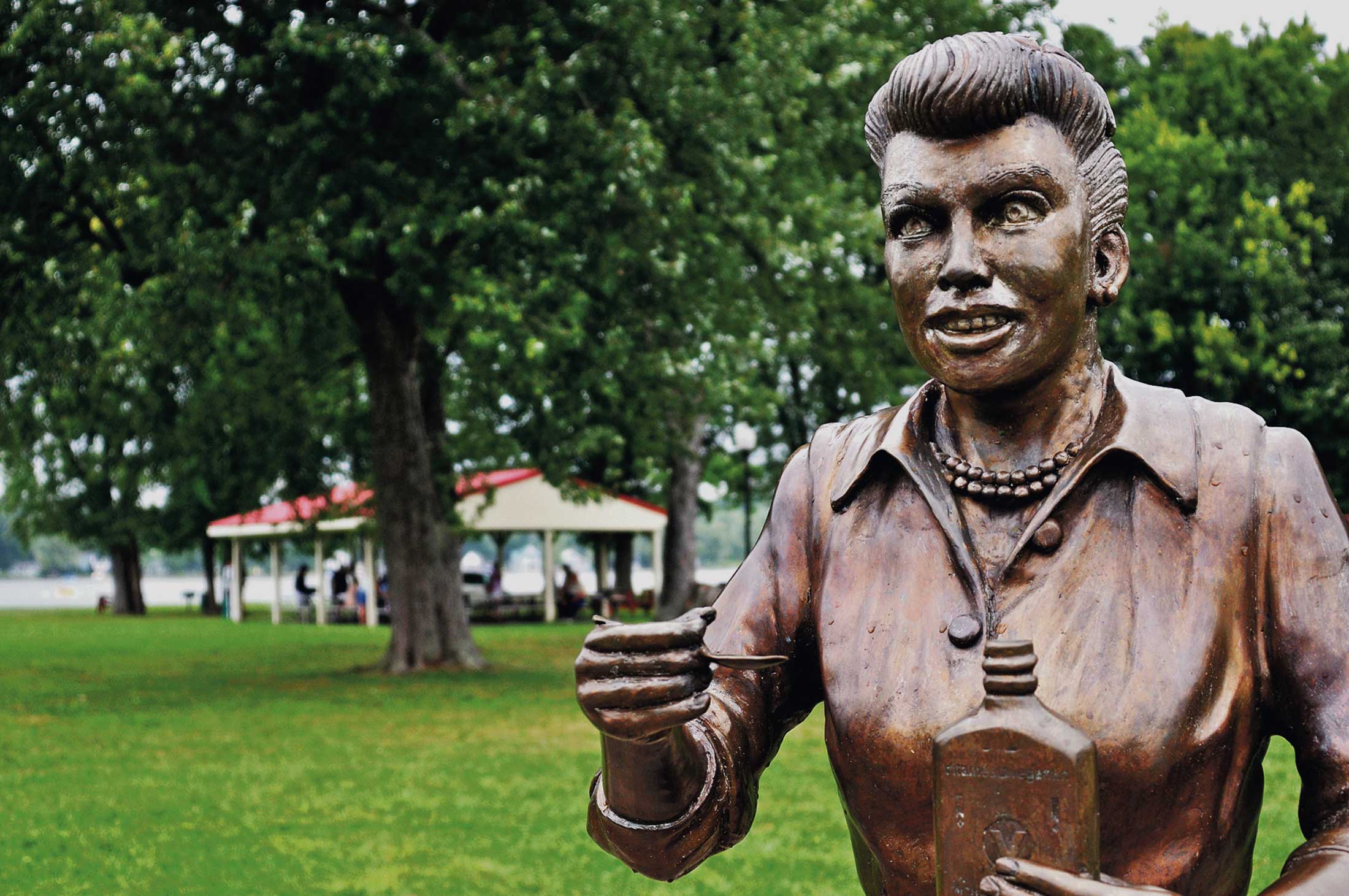 A bronze sculpture of Lucille Ball is displayed in Lucille Ball Memorial Park in the village of Celoron, N.Y., in her hometown.