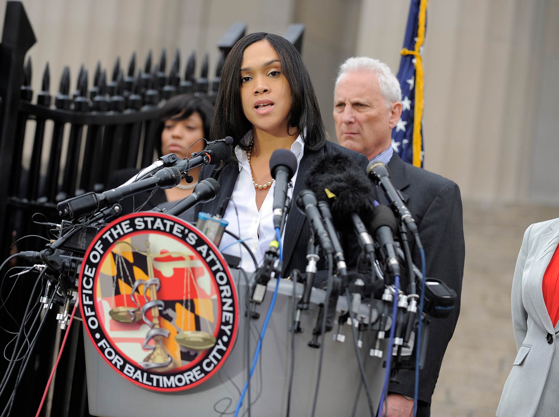 Baltimore State Attorney Marilyn Mosby answers questions at a press conference outside the War Memorial Building on May 1, 2015, talking about the arrests of police officers involved in the death of Freddie Gray in Baltimore, Md. (Lloyd Fox—Baltimore Sun/TNS/Getty Images)