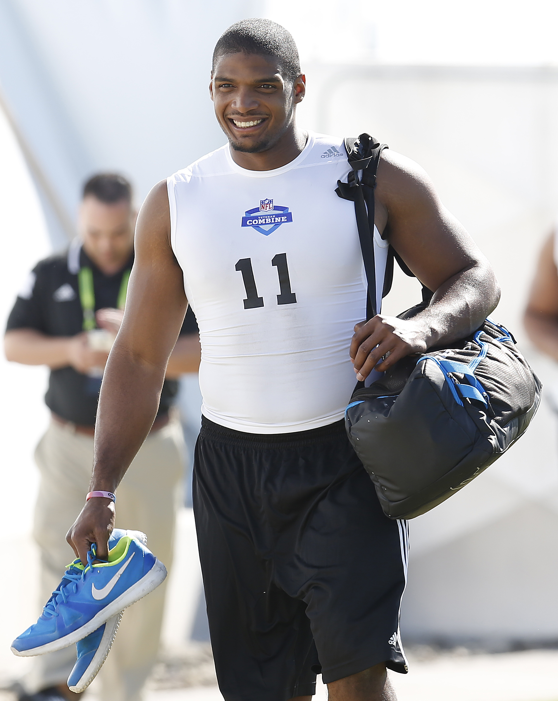 Defensive End Michael Sam, from Missouri, arrives before the NFL Super Regional Combine football workout on March 22, 2015 in Tempe, Ariz. (Rick Scuteri—AP)