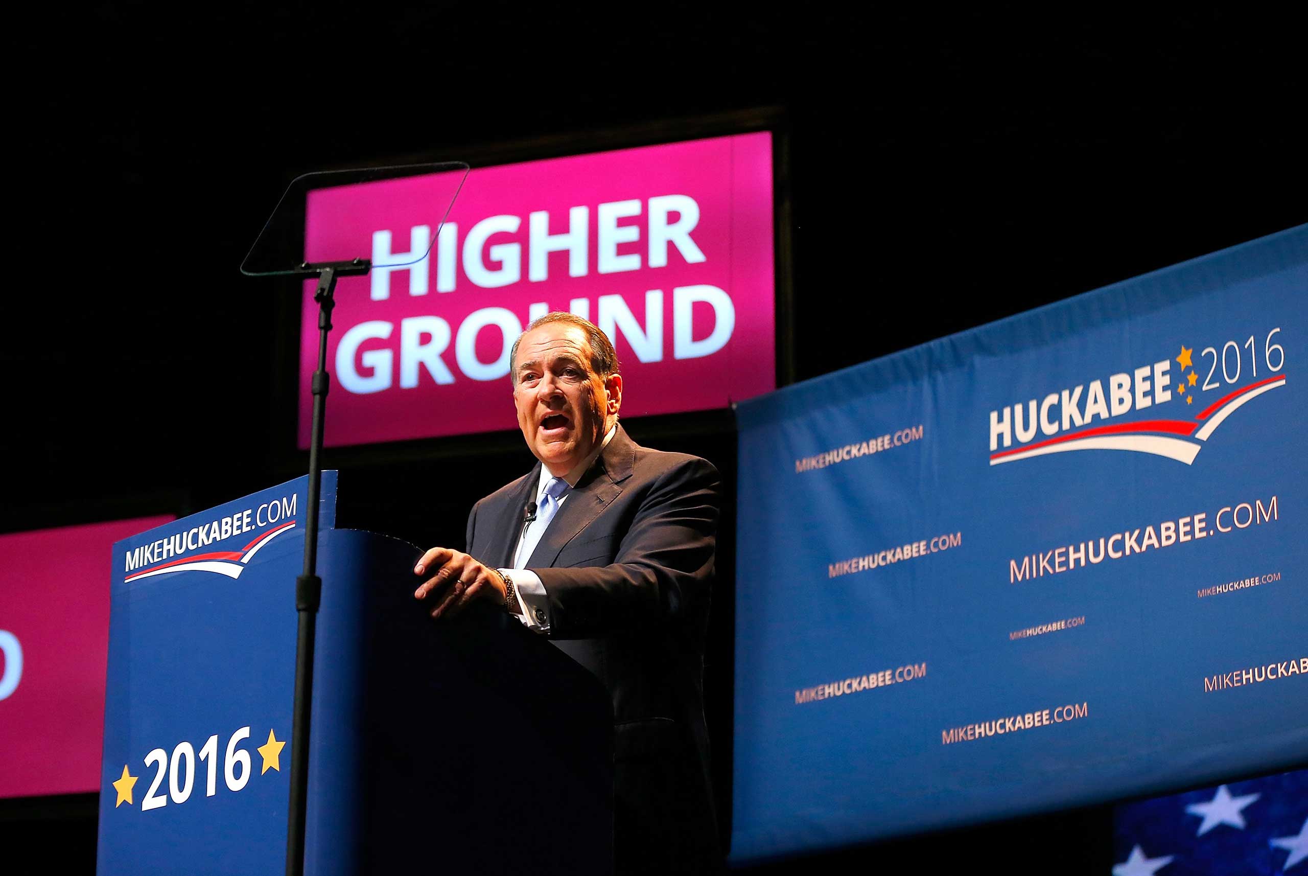 Former Arkansas Gov. Mike Huckabee speaks as he officially announces his candidacy for the 2016 Presidential race on May 5, 2015 in Hope, Ark. (Matt Sullivan—Getty Images)
