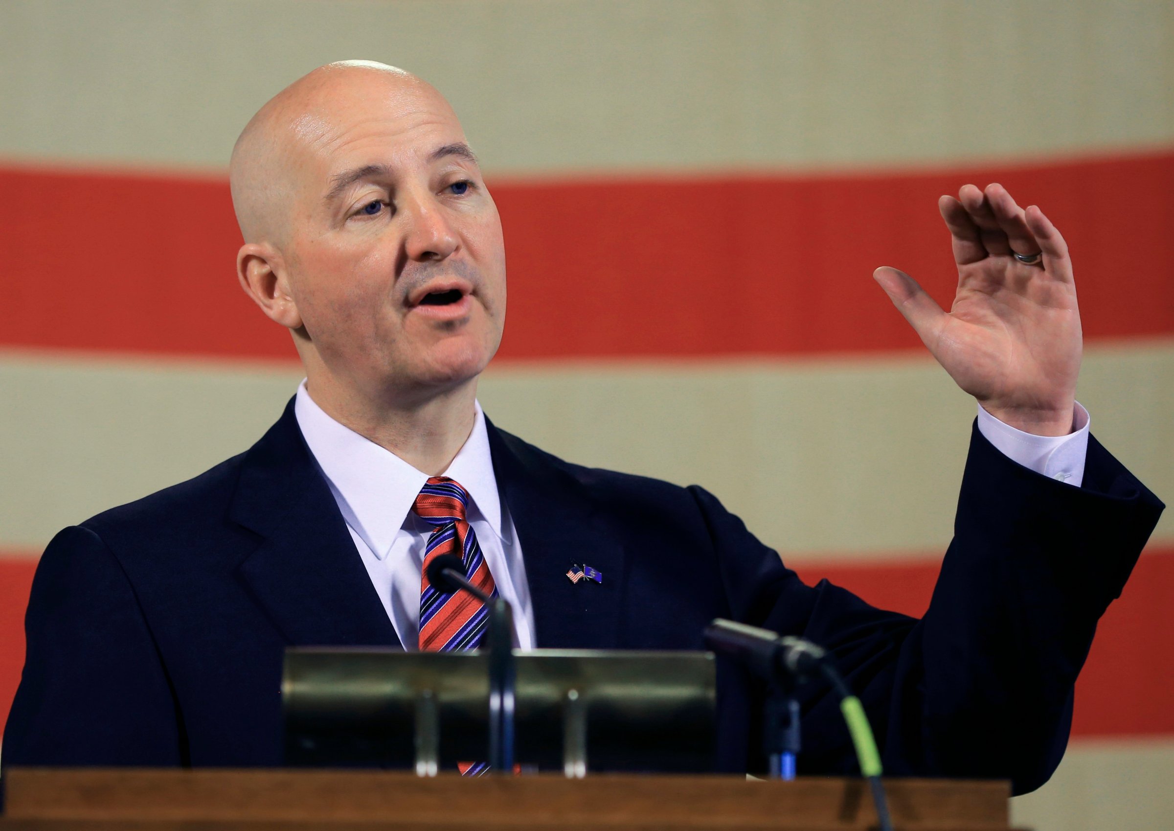 Neb. Gov. Pete Ricketts gestures during a news conference in Lincoln, Neb. on May 20, 2015.