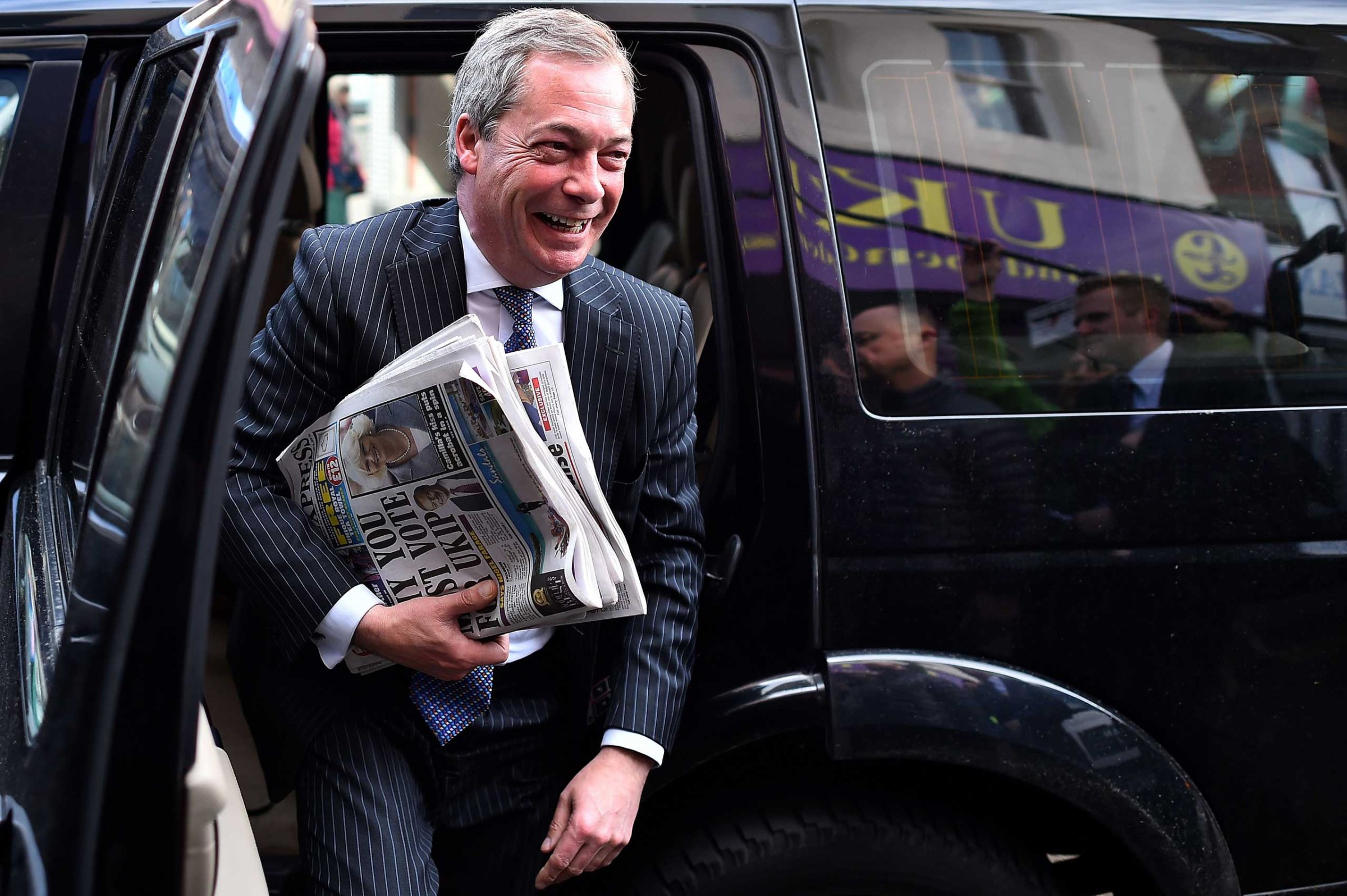 UK Independence Party leader Nigel Farage arrives for a campaign visit in Ramsgate in south east England on May 6, 2015, on the eve of a general election in Britain.