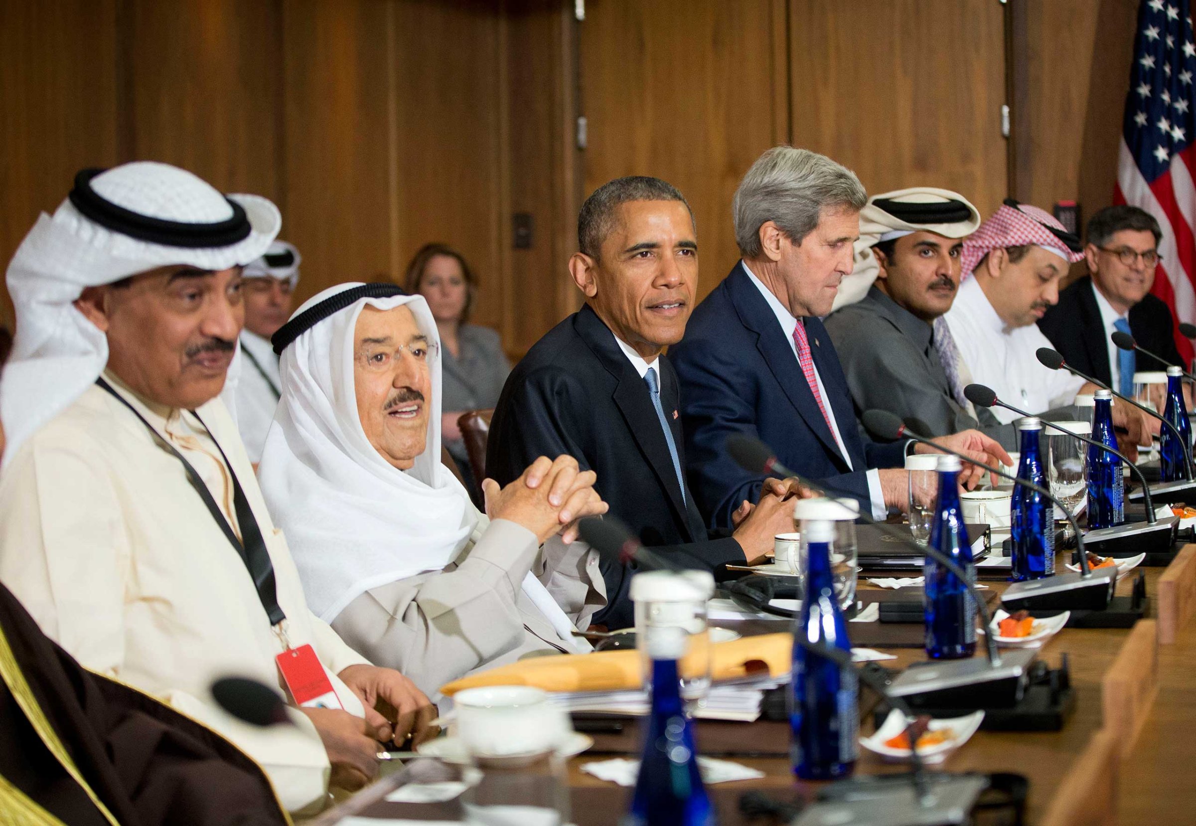 President Barack Obama sits with Kuwaiti Emir Sheikh Sabah Al-Ahmad Al-Sabah, left center, Secretary of State John Kerry, right center, and other Gulf Cooperation Council leaders and delegations at Camp David, Md., on May 14, 2015.