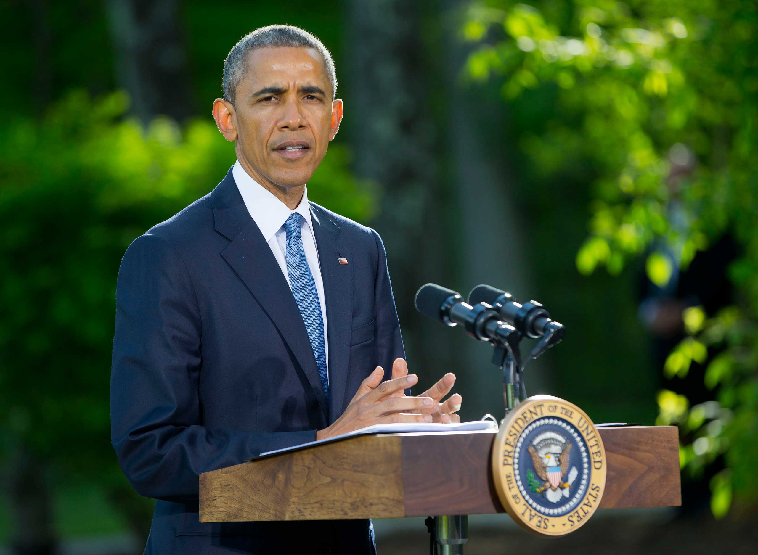 President Barack Obama speaks during a news conference after meeting with Gulf Cooperation Council leaders and delegations at Camp David in Maryland.