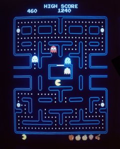 This close up view of a monitor shows the electronic video game Pac-Man in 1983.