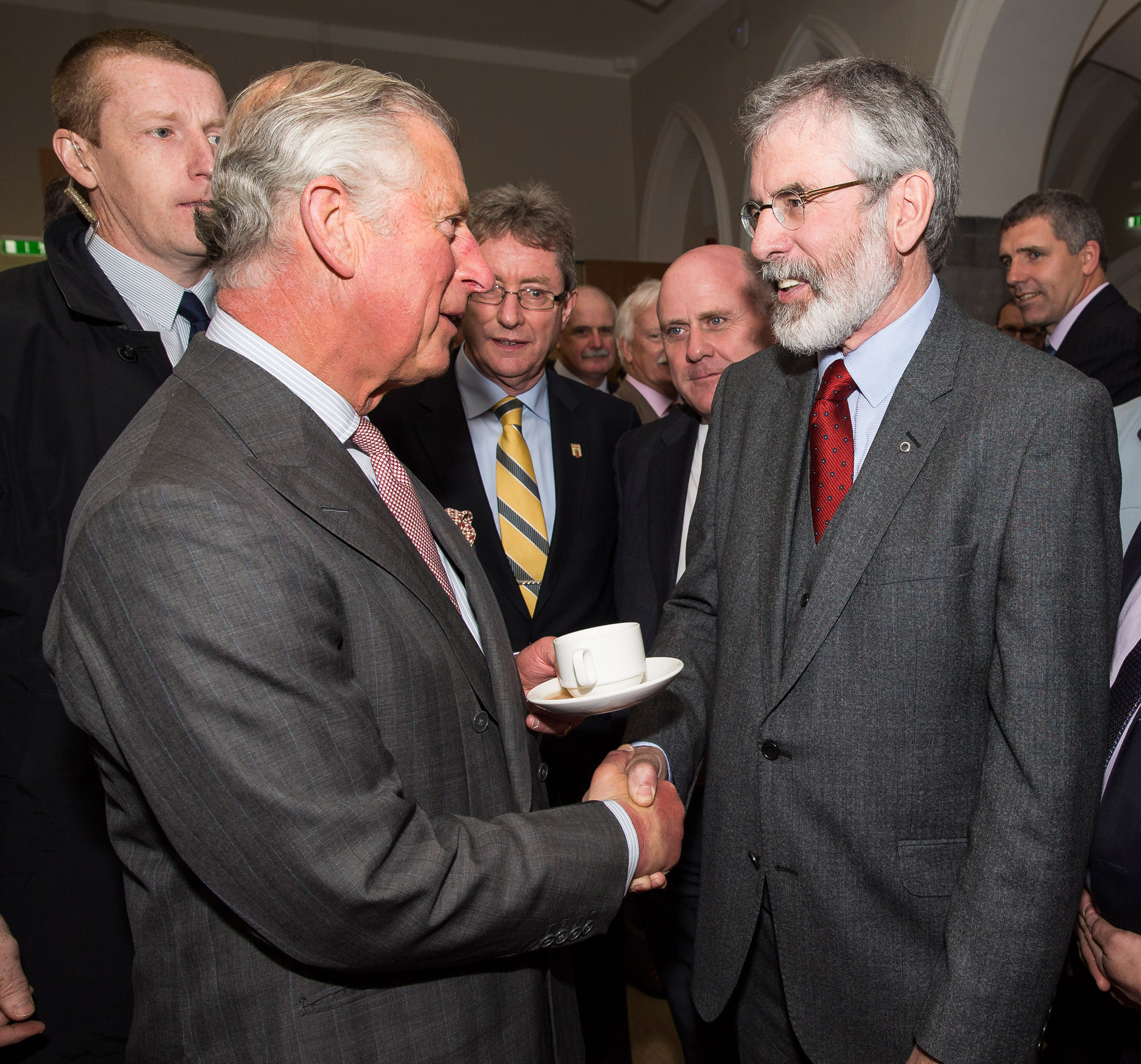 GALWAY, IRELAND - MAY 19:   Prince Charles, Prince Of Wales shakes hands with Sinn Fein president Gerry Adams at the National University of Ireland on May 19, 2015 in Galway, Ireland. The Prince of Wales and Duchess of Cornwall arrived in Ireland today for their four day visit to the Republic and Northern Ireland, the visit has been described by the British Embassy as another important step in promoting peace and reconciliation. (Photo by Adam Gerrard - WPA Pool/Getty Images) (WPA Pool&amp;mdash;Getty Images)