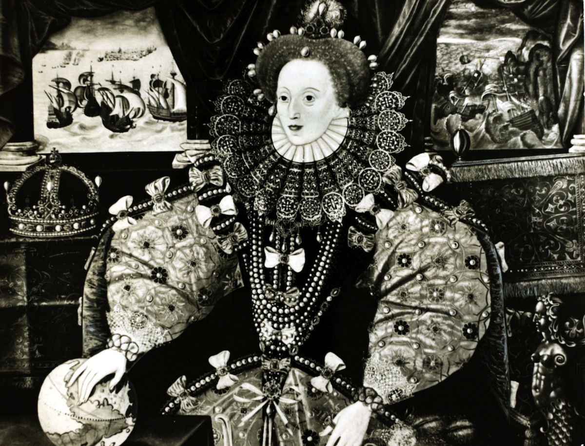 History Personalities. English Royalty. pic: circa 1590. This illustration shows Queen Elizabeth I depicted as ruler of the world. Queen Elizabeth I (1533-1603) who reigned from 1558-1603 was one of England's greatest monarchs, inheriting a country in dec