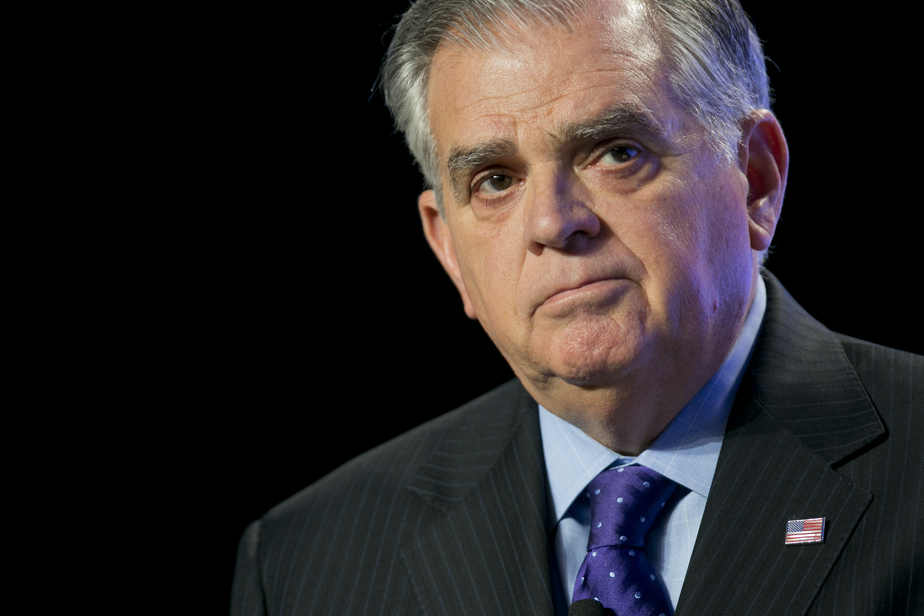 Ray LaHood pauses while speaking during the U.S. Export-Import Bank annual conference in Washington, D.C., U.S., on Friday, April 5, 2013.