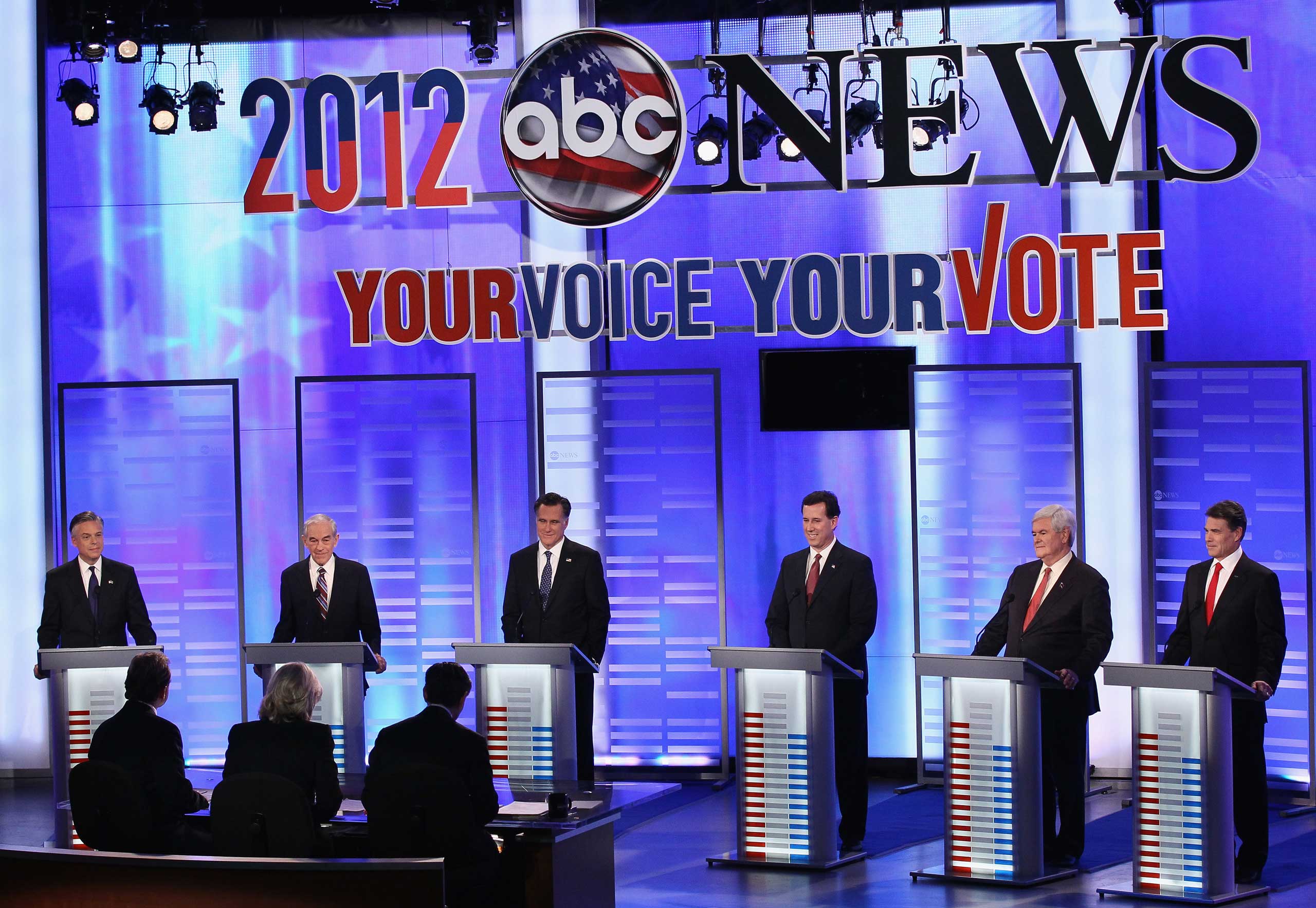 Republican presidential candidates are introduced during the ABC News, Yahoo! News, and WMUR Republican Presidential Debate at Saint Anselm College in Manchester, N.H. on Jan. 7, 2012.