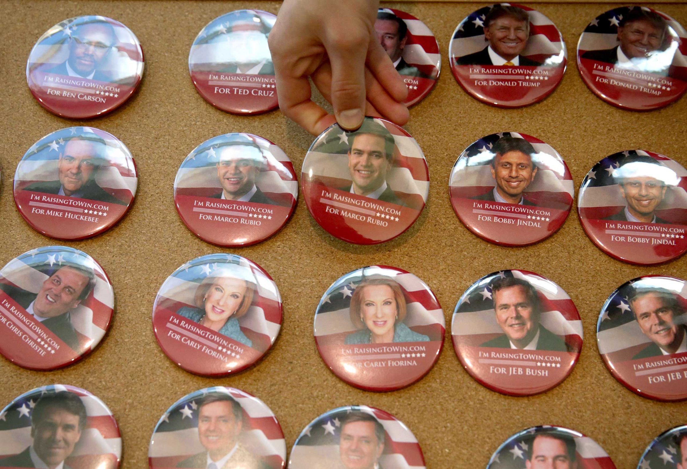 Buttons featuring Republican presidential hopefuls on display during the 2015 Southern Republican Leadership Conference in Oklahoma City on May 21, 2015.