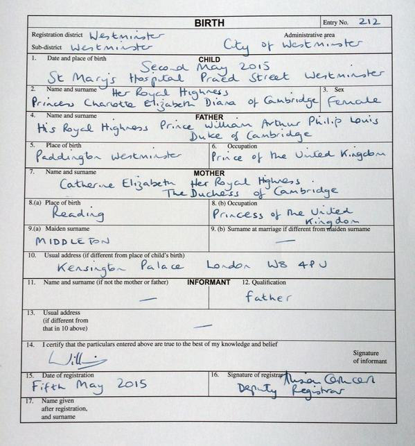 Princess Charlotte's birth certificate (Kensington Palace)