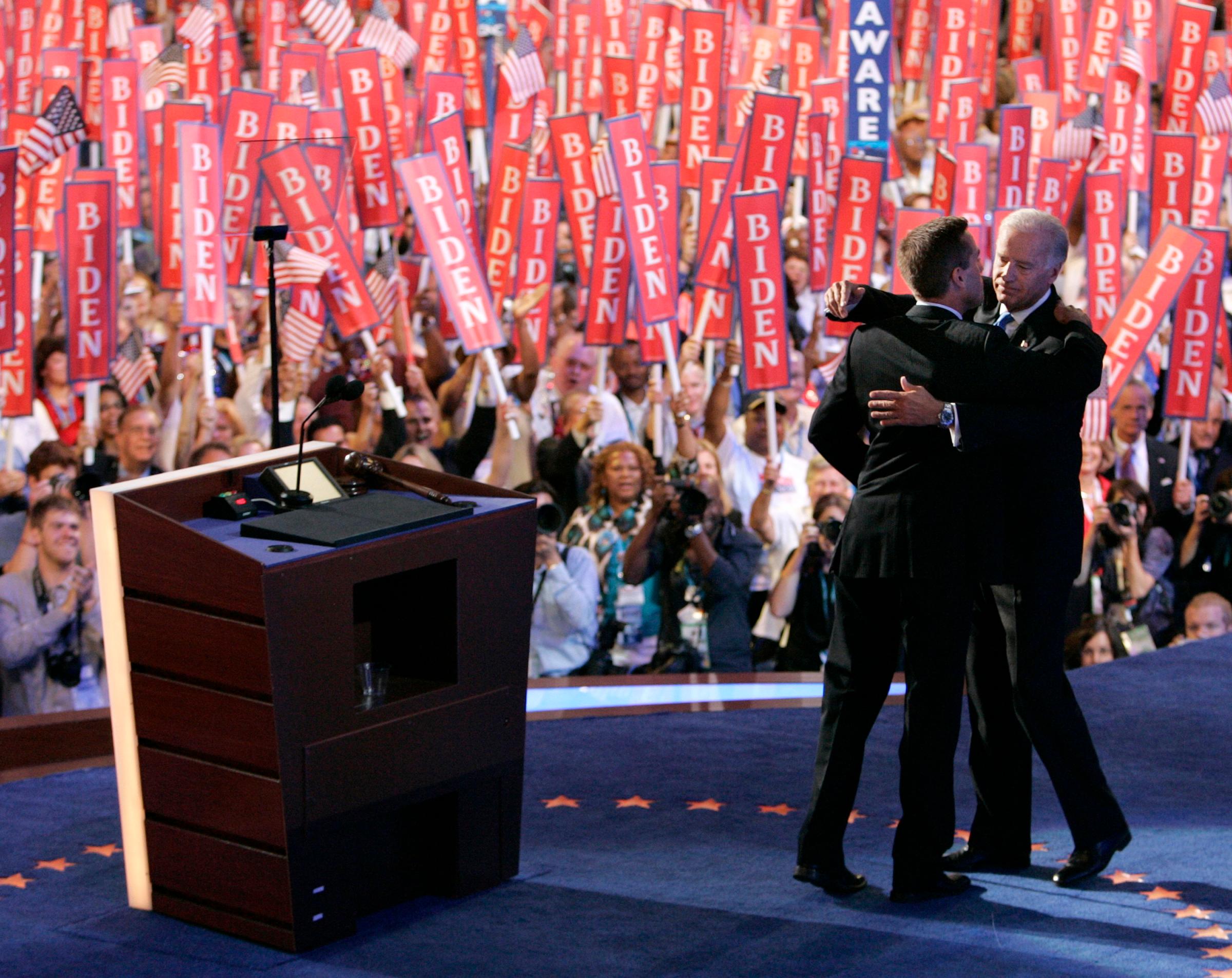 Vice presidential candidate Senator Joe Biden embraces son Beau at the 2008 Democratic National Convention in Denver