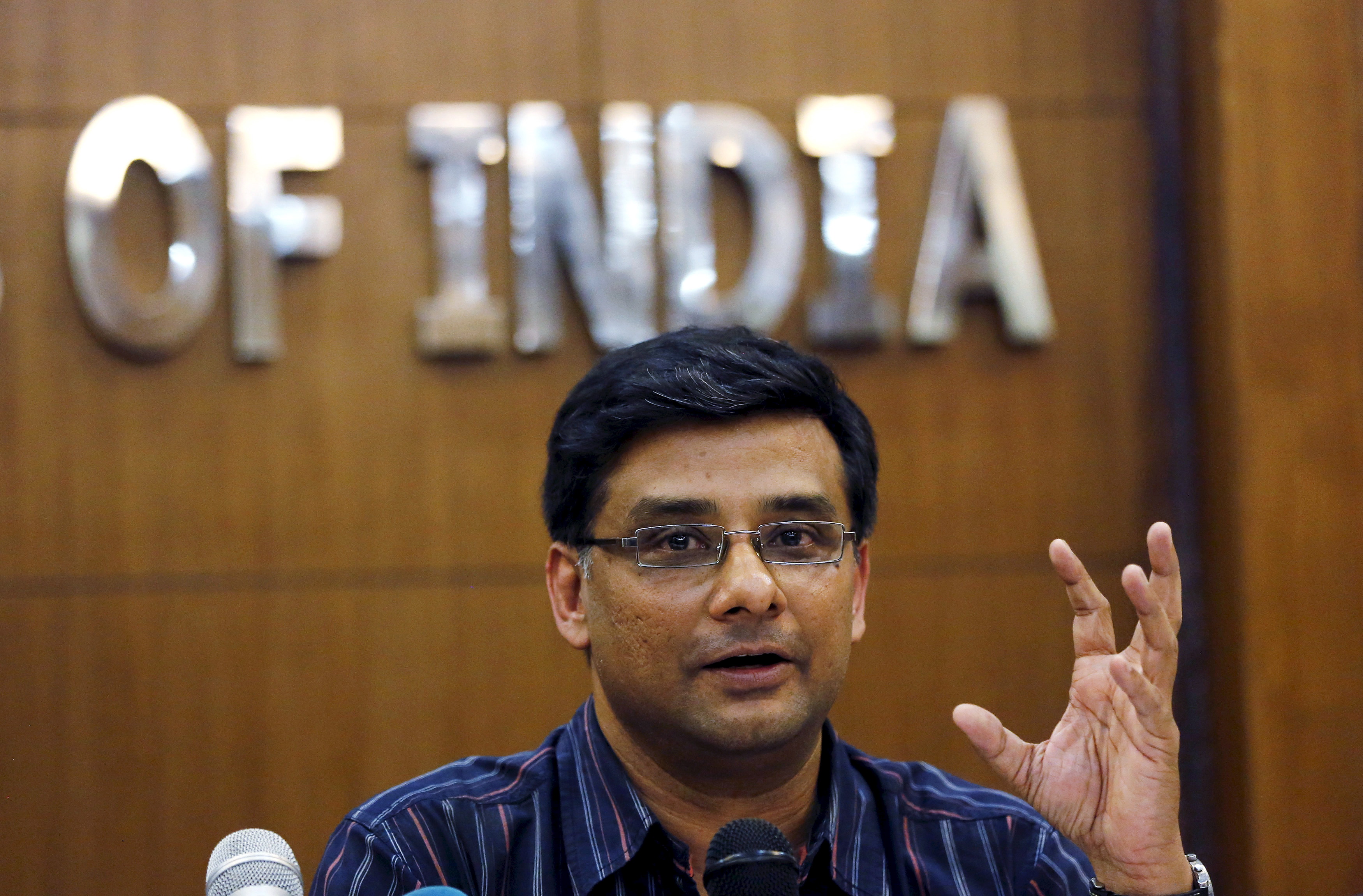 Samit Aich, executive director of Greenpeace India, gestures as he addresses the media during a news conference in New Delhi, India, May 21, 2015 (Adnan Abidi—Reuters)