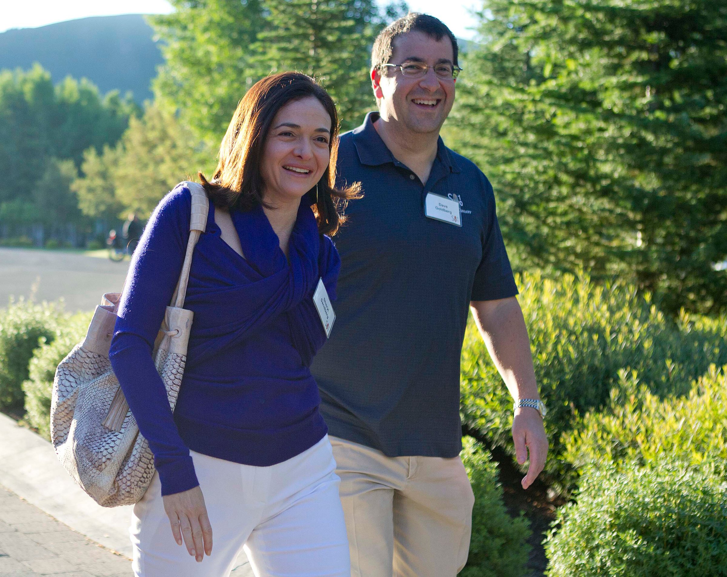 Facebook chief operating officer Sheryl Sandberg, left, and Dave Goldberg, CEO of Survey Monkey, arrive at the Sun Valley Inn for the 2011 Allen and Co. Sun Valley Conference, on July 6, 2011, in Sun Valley, Idaho.
