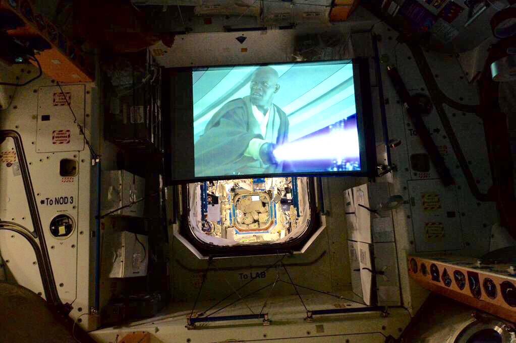 A quiet evening at home: NASA Tweeted this picture of movie night aboard the space station with the caption "Just watching @starwars. In space. No big deal."