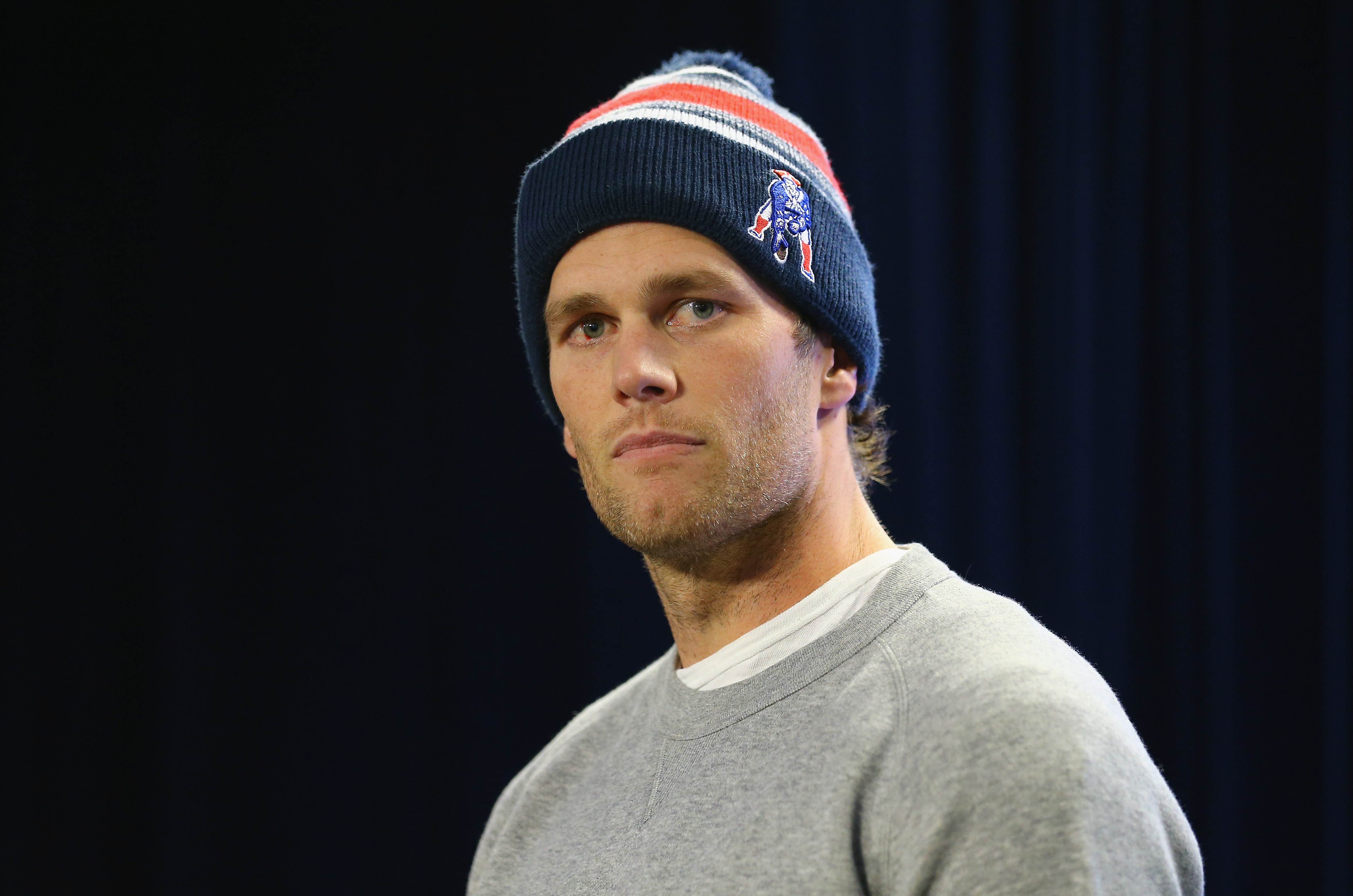 Tom Brady talks during a press conference at Gillette Stadium in Foxboro, Mass., on Jan. 22, 2015 (Maddie Meyer—Getty Images)
