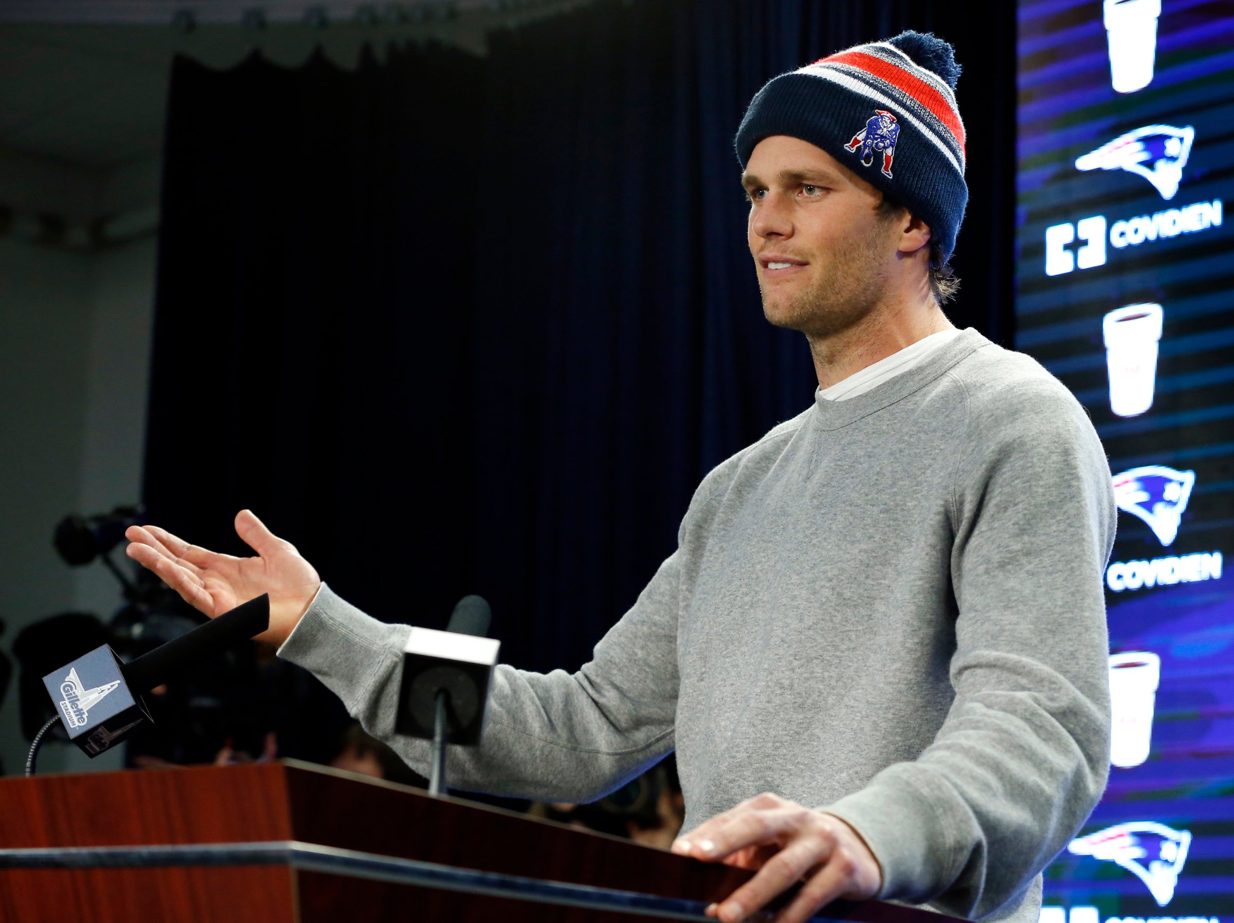 In this Jan. 22, 2015, file photo, New England Patriots quarterback Tom Brady speaks at a news conference about the NFL investigation into deflated footballs, in Foxborough, Mass.
