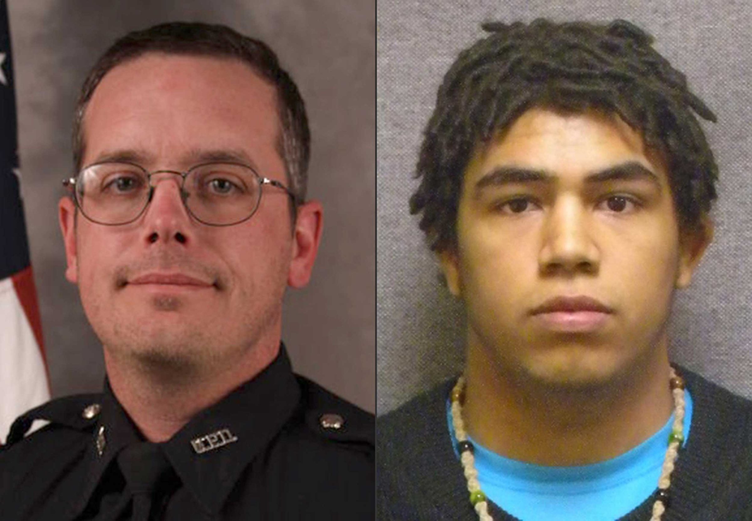 This combination made with file photos provided by the Madison, Wis. police department and Wisconsin Department of Corrections shows Madison Police officer Matt Kenny, left, and Tony Robinson, a biracial man who was killed by the officer.