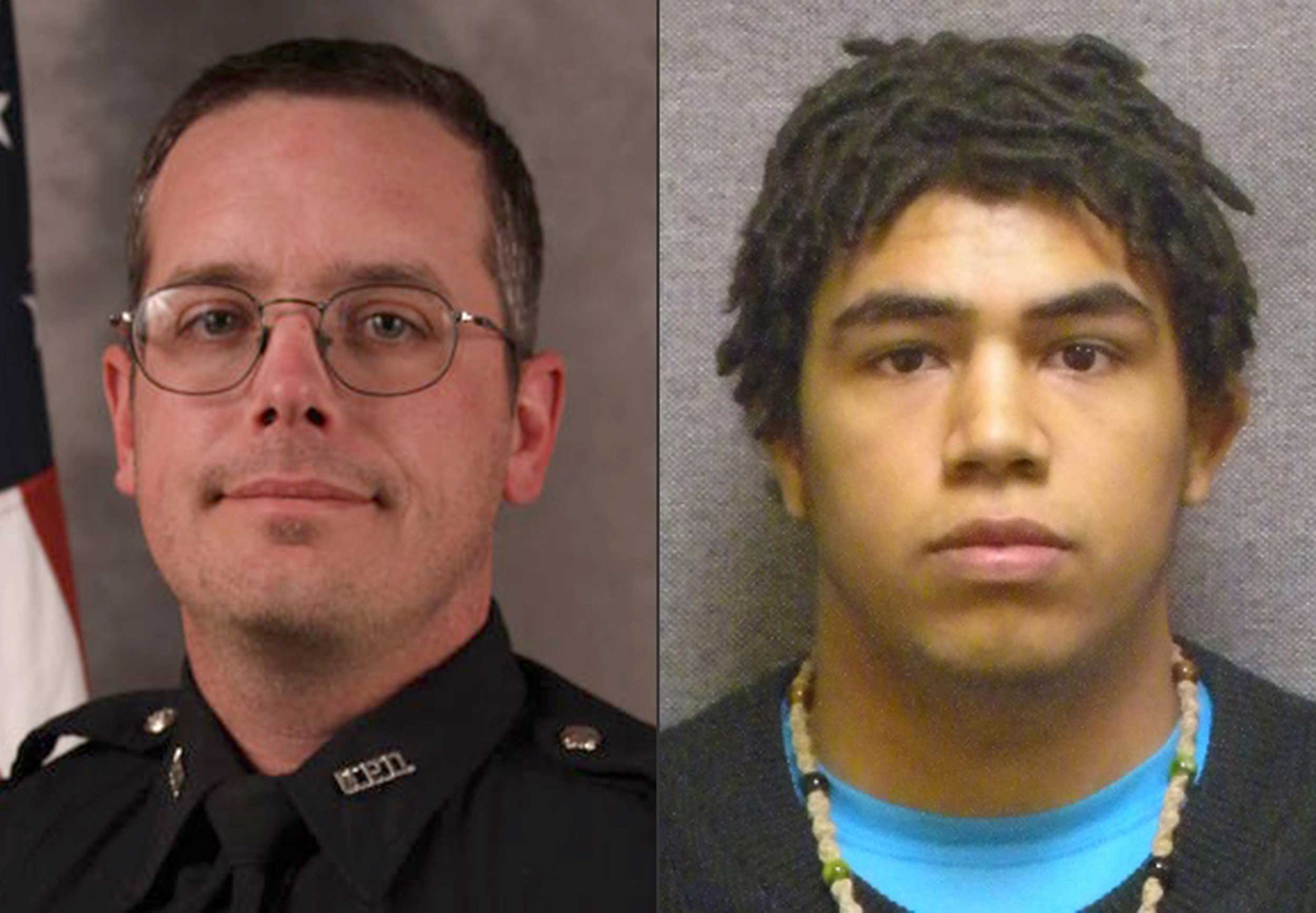 This combination made with file photos provided by the Madison, Wis. police department and Wisconsin Department of Corrections shows Madison Police officer Matt Kenny, left, and Tony Robinson, a biracial man who was killed by the officer. (AP)