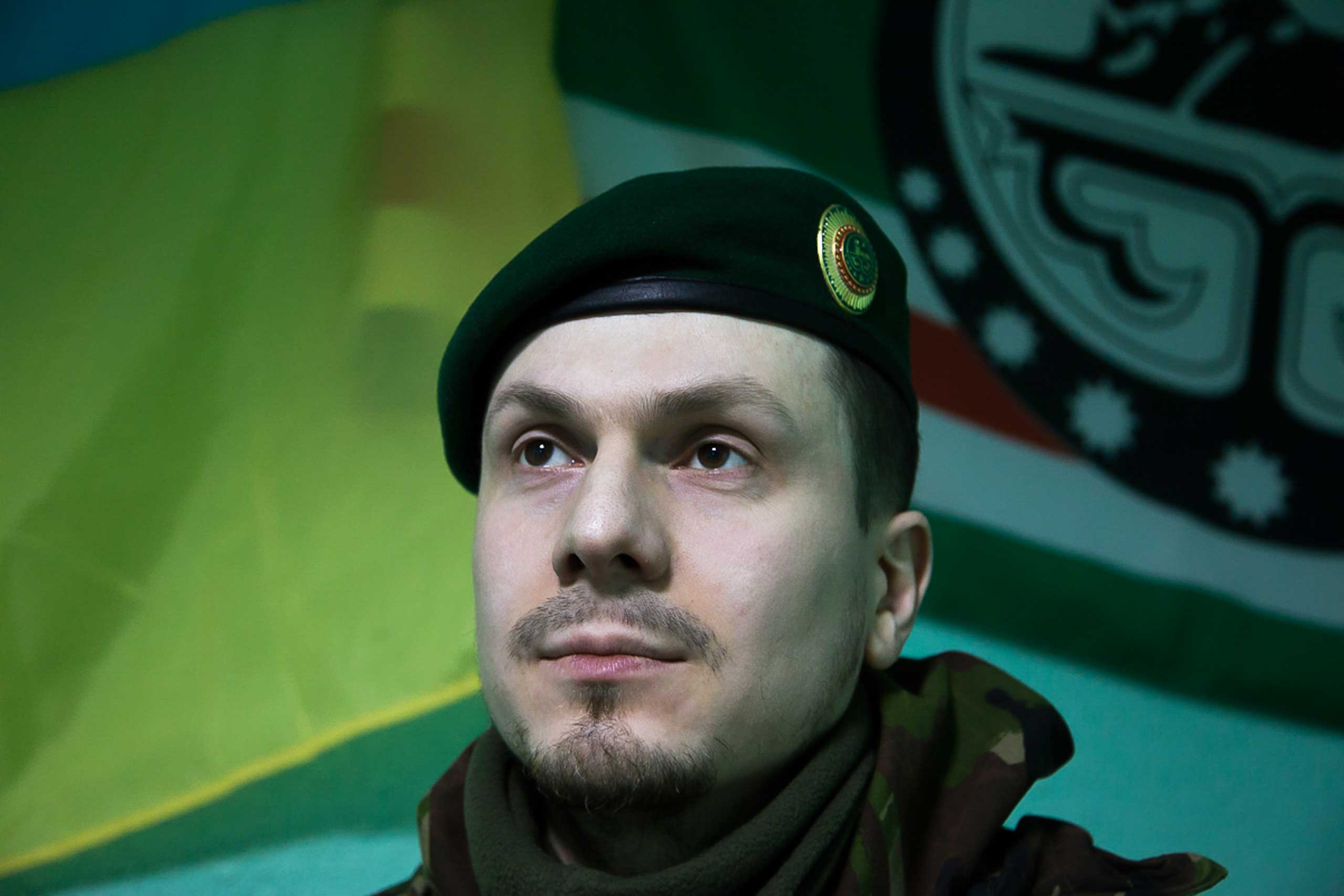 Adam Osmaev, the commander of a battalion of Chechens fighting against Russia-backed rebels, in Lysychansk, Ukraine on March 2, 2015. (Olya Engalycheva—AP)