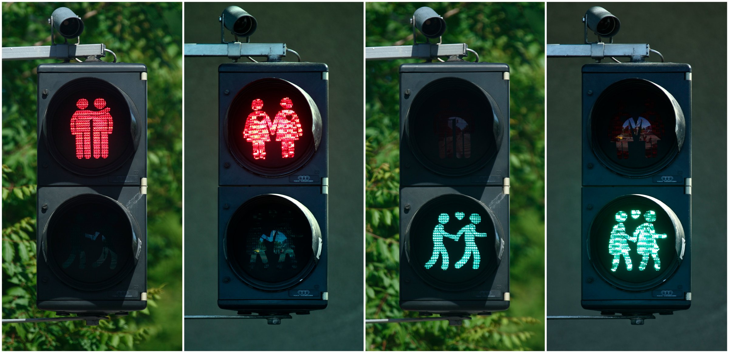 A combination of photos shows gay-themed traffic lights in Vienna May 11, 2015.