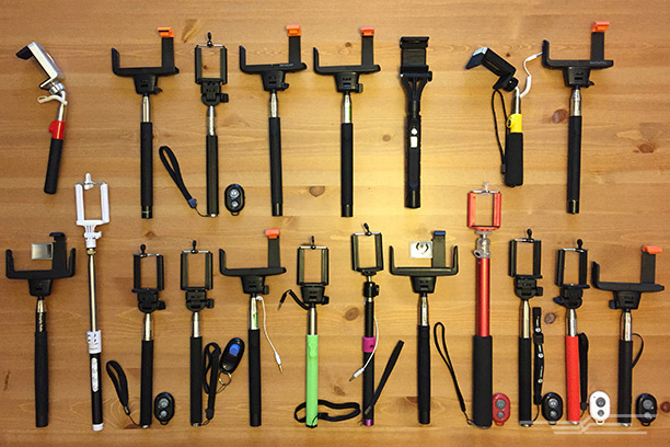 The 20 selfie sticks we tested. (The Wirecutter)