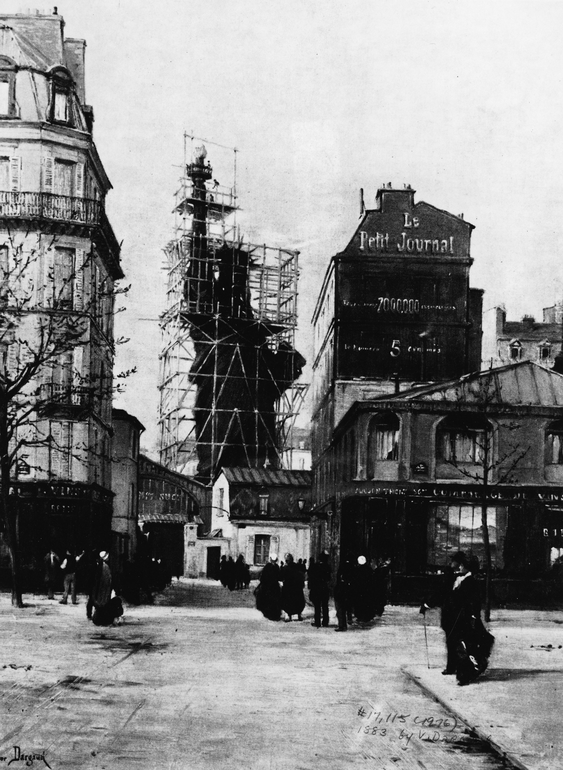 View of the Statue of Liberty enclosed by scaffolding, while under construction, seen from the Rue de Chazelles, Paris, France, circa 1884.