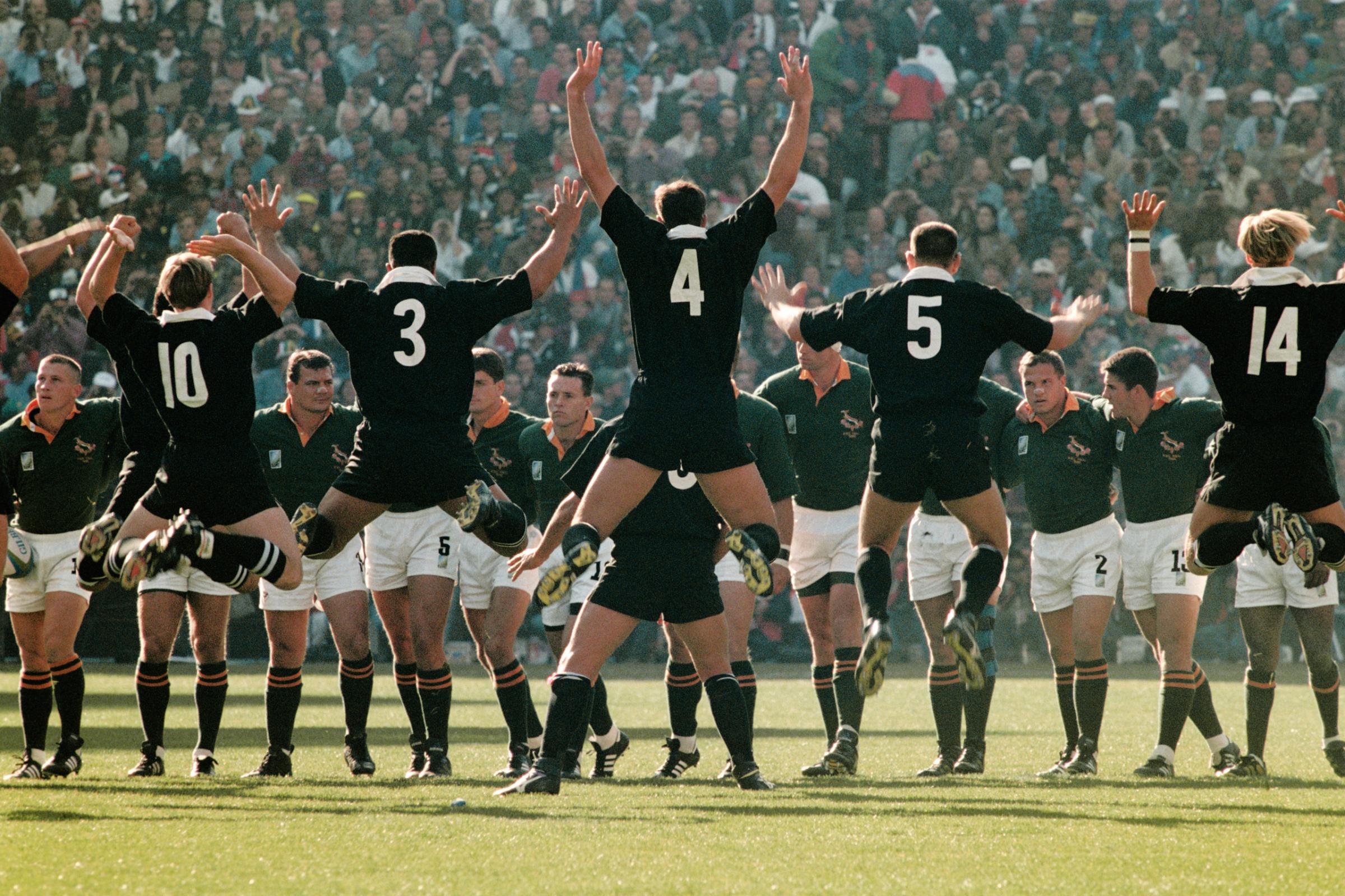 New Zealand's players perform their famous Haka in front of the South African team before the 1995 Rugby Union World Cup final