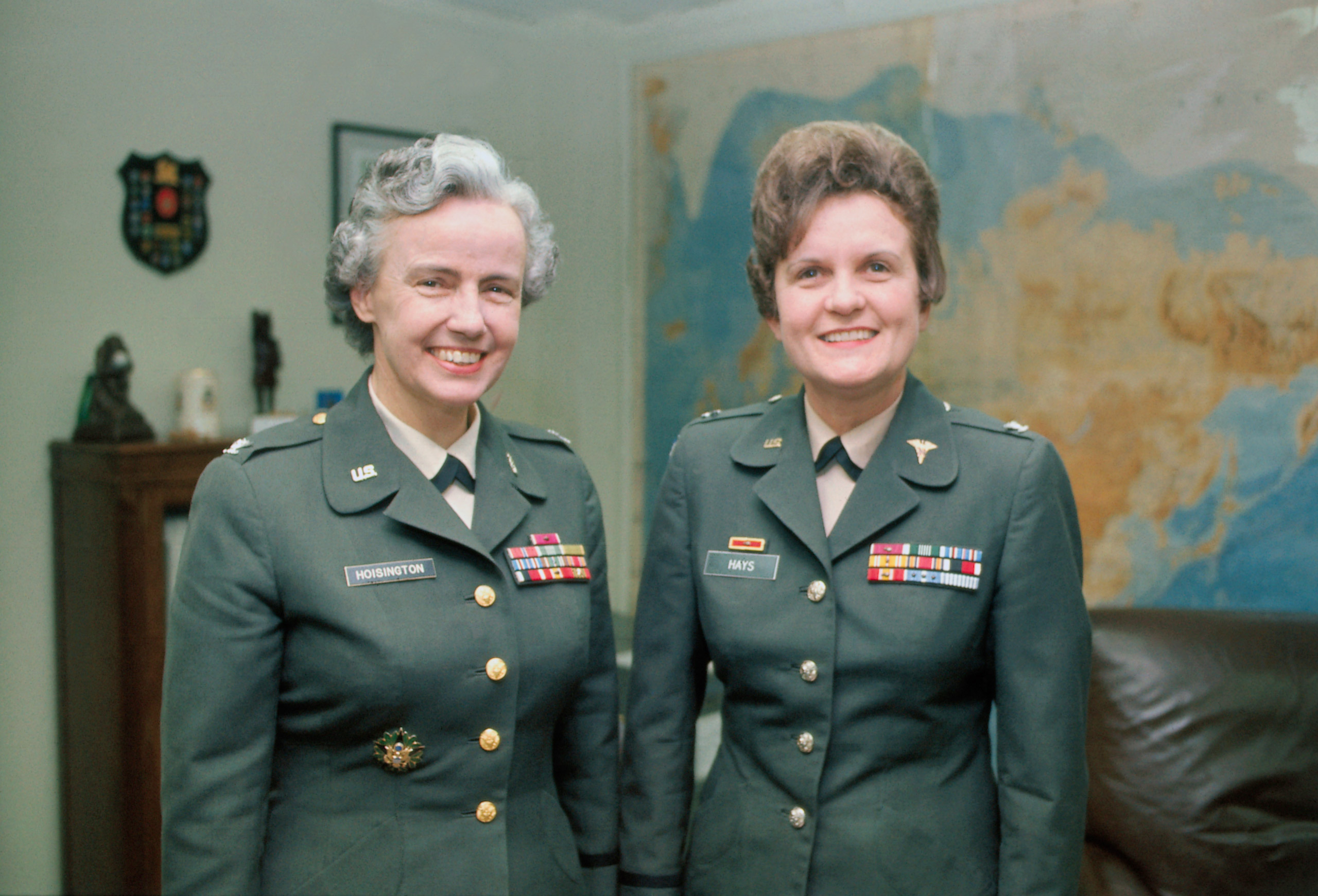 Cols. Elizabeth P. Hoisington (left), and Anna Mae Hays are shown at the Pentagon shortly after President Nixon nominated the two women to become the first women Generals in U. S. history. May 5, 1970, in Washington, D.C. (Bettmann—Corbis)